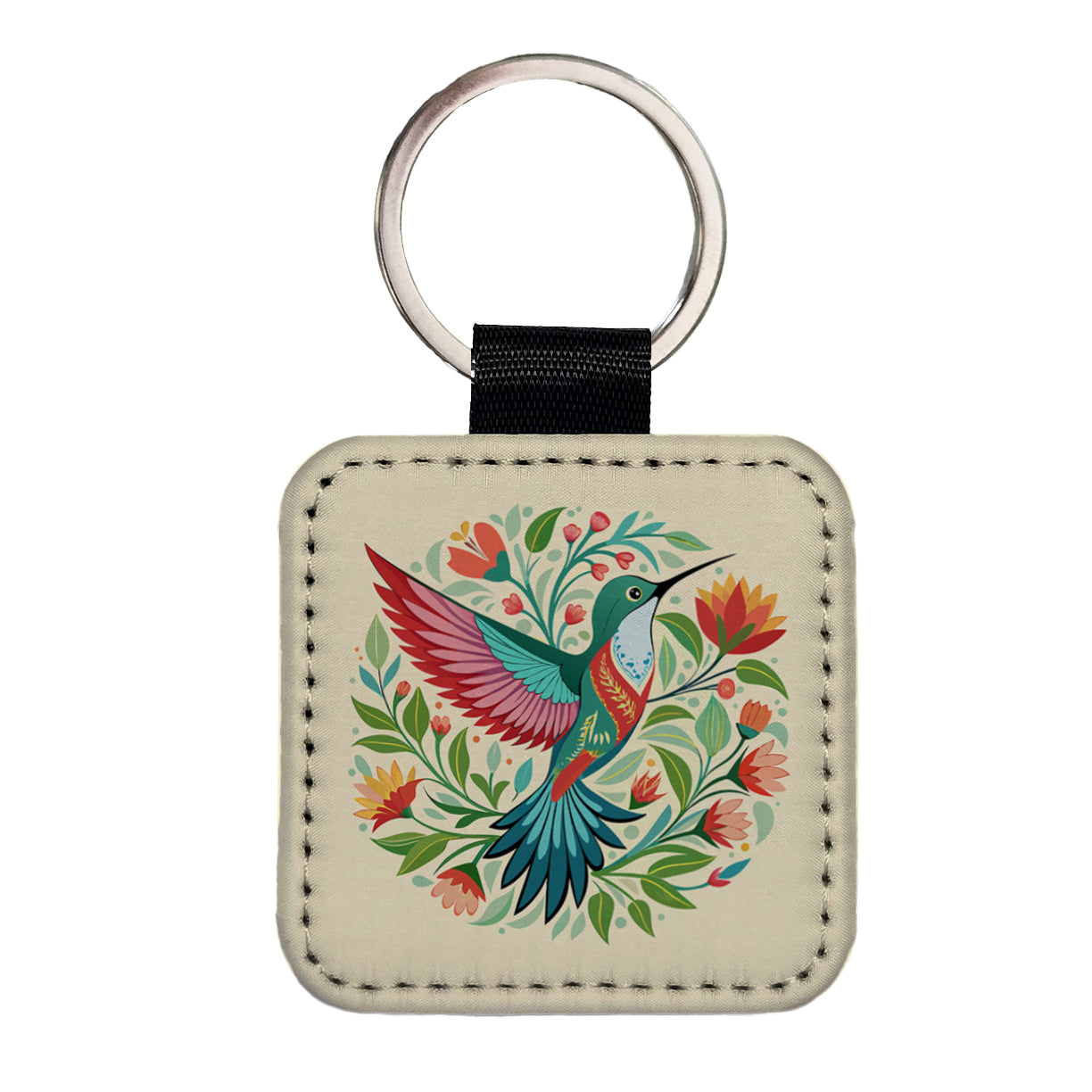 Hummingbird Floral Flowers Square Faux Leather Keychain