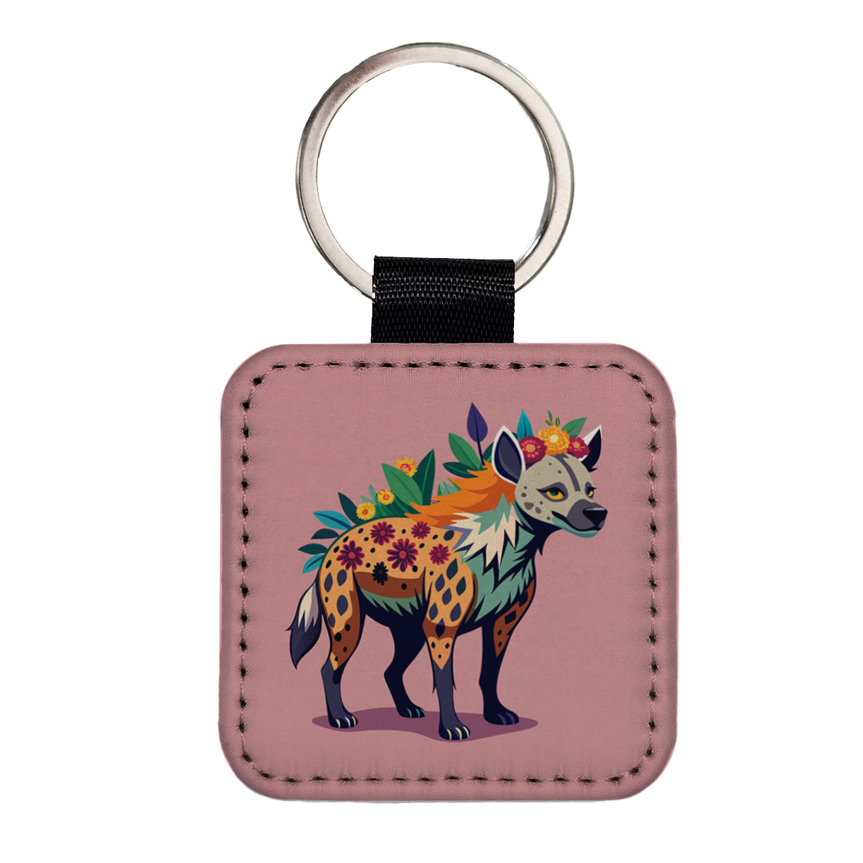 Hyena Floral Flowers Square Faux Leather Keychain