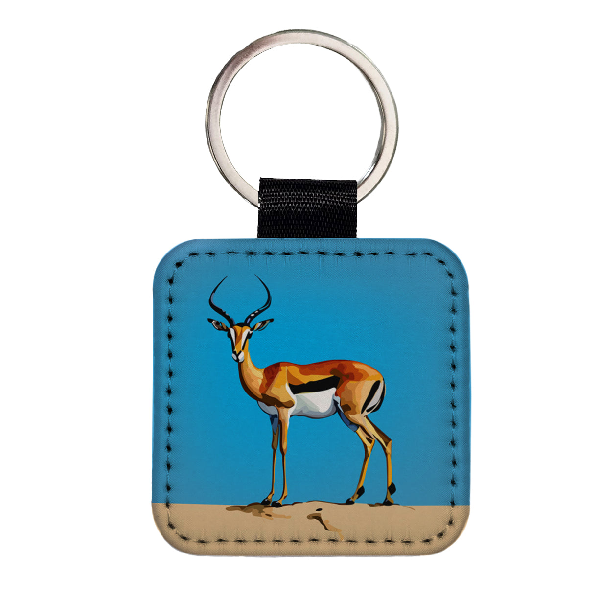 Impala Watercolor Africa Animal Square Faux Leather Keychain