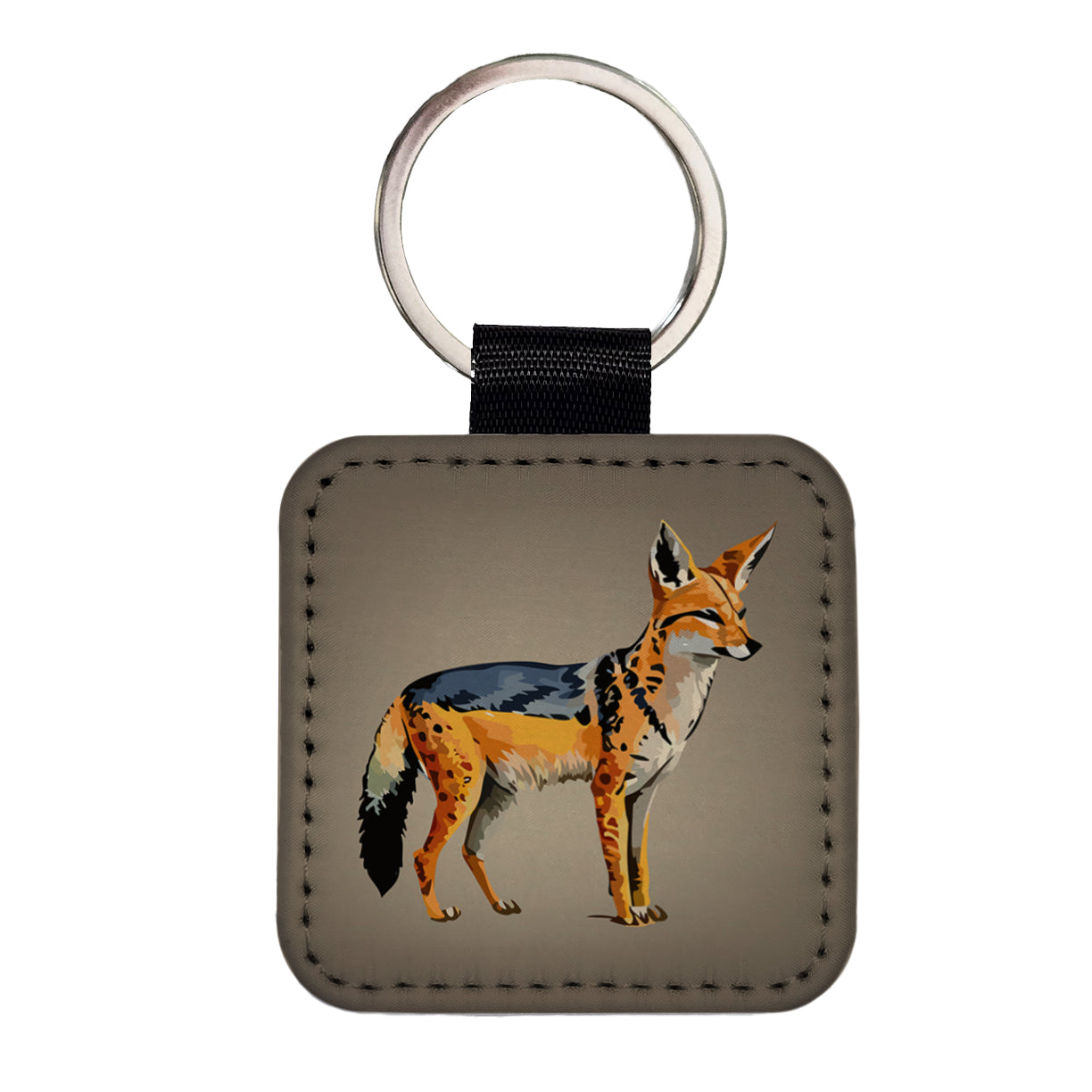 Jackal Watercolor Square Faux Leather Keychain