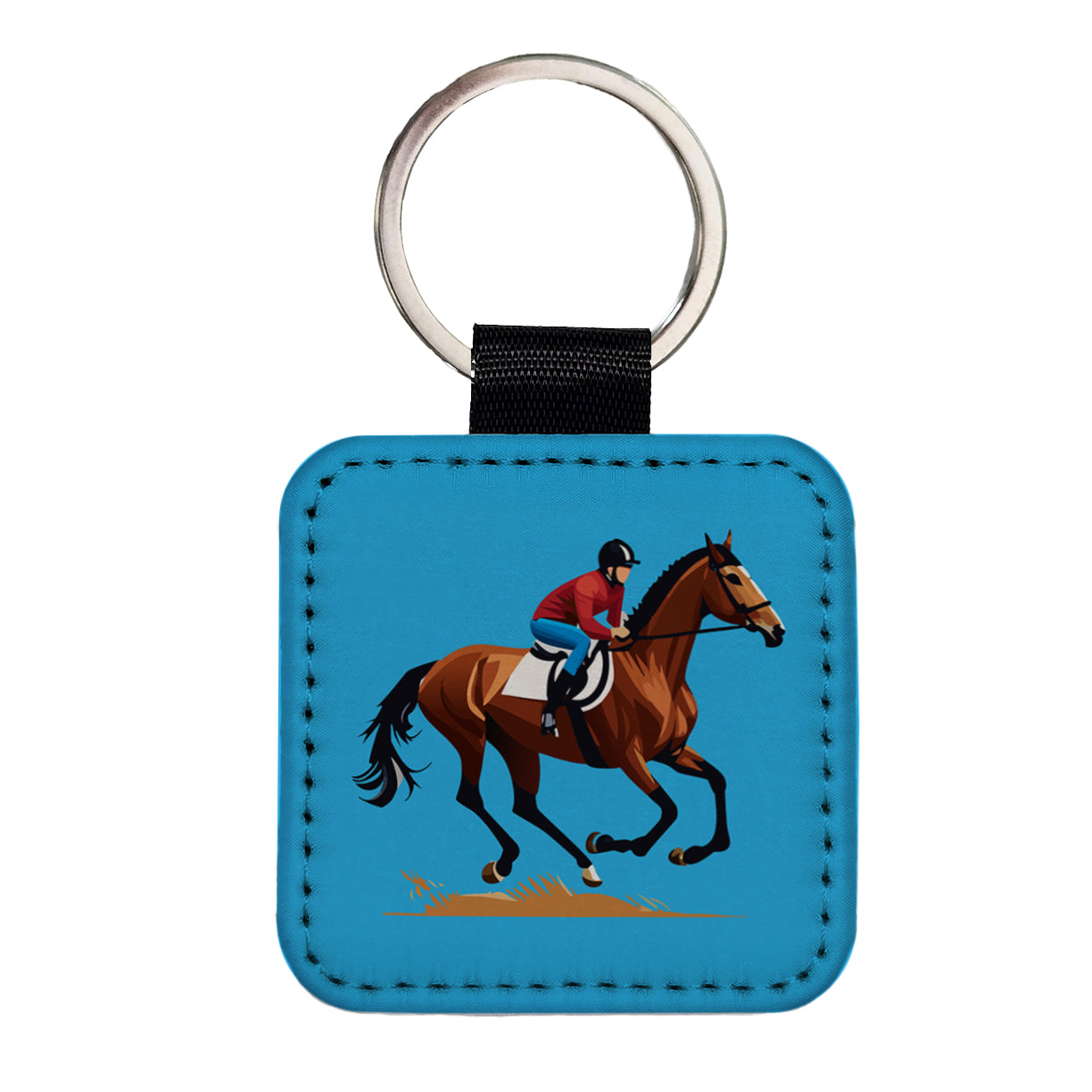 Jockey Riding Horse Racing Man Square Faux Leather Keychain