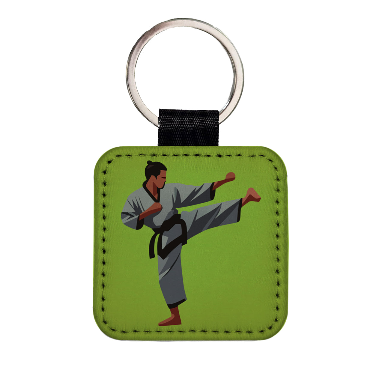 Karate Man Kick Square Faux Leather Keychain