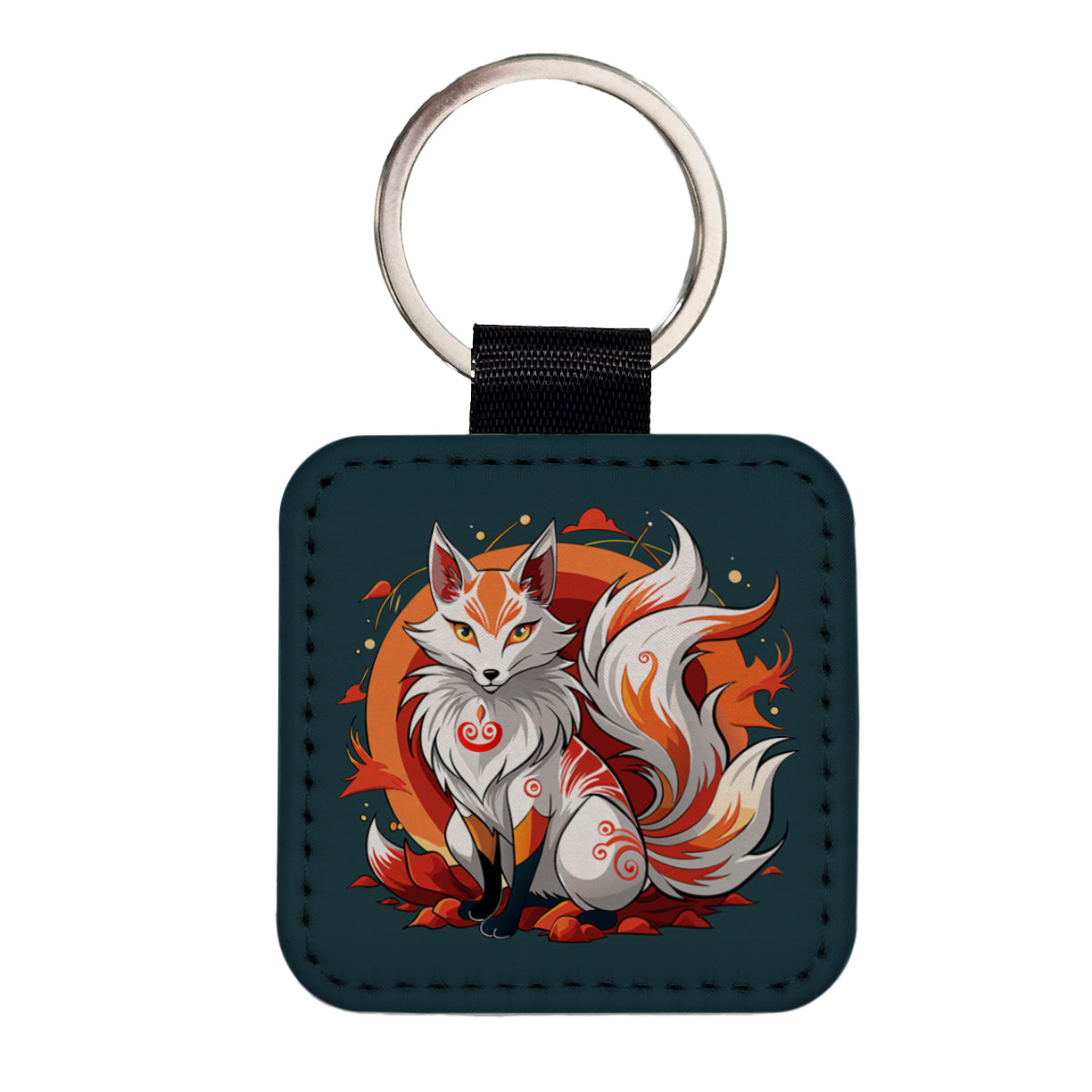 Kitsune Fox Japanese Folklore Square Faux Leather Keychain
