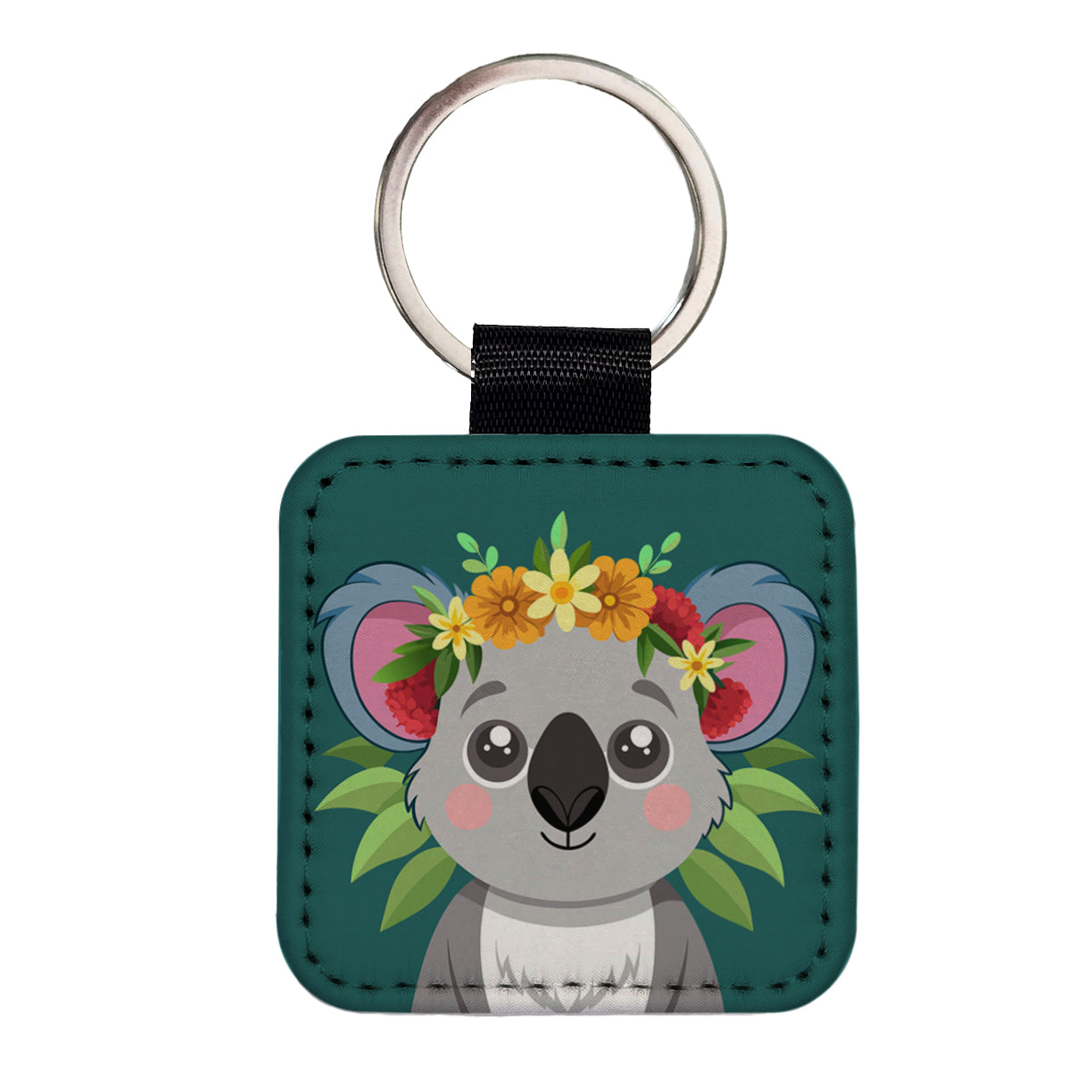 Koala Head Floral Flowers Square Faux Leather Keychain