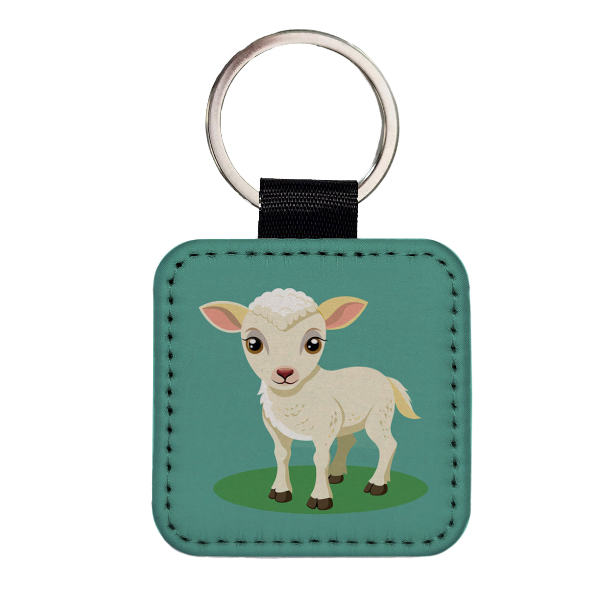Lamb Baby Cute Square Faux Leather Keychain