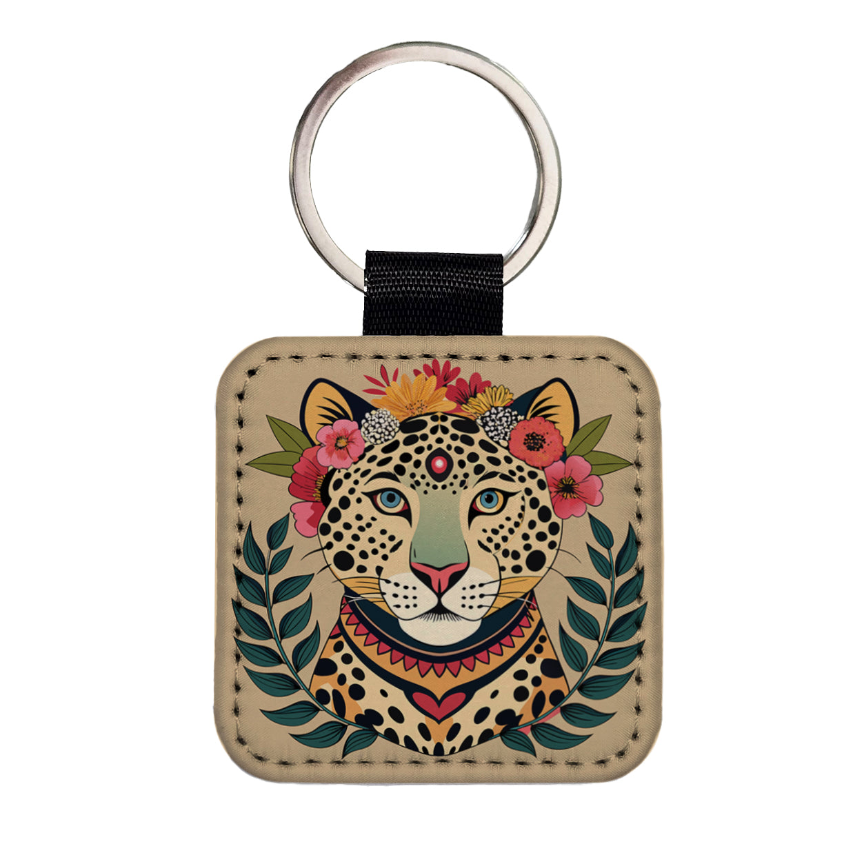 Leopard Head Floral Flowers Square Faux Leather Keychain