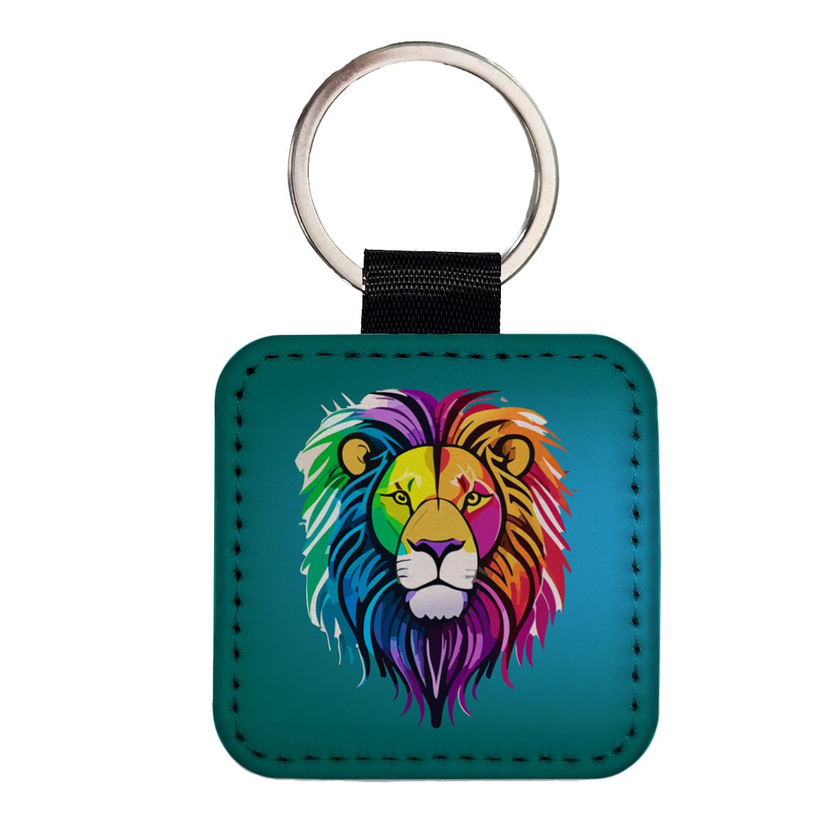 Lion Head Colorful Square Faux Leather Keychain