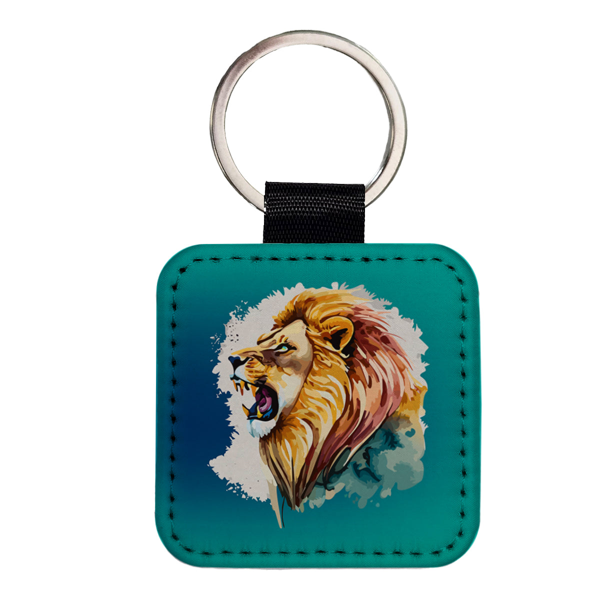 Lion Roaring Male Profile Watercolor Square Faux Leather Keychain