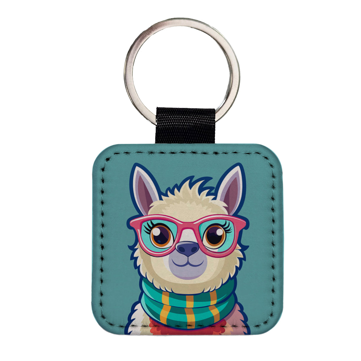 Llama Cute Wearing Glasses Square Faux Leather Keychain