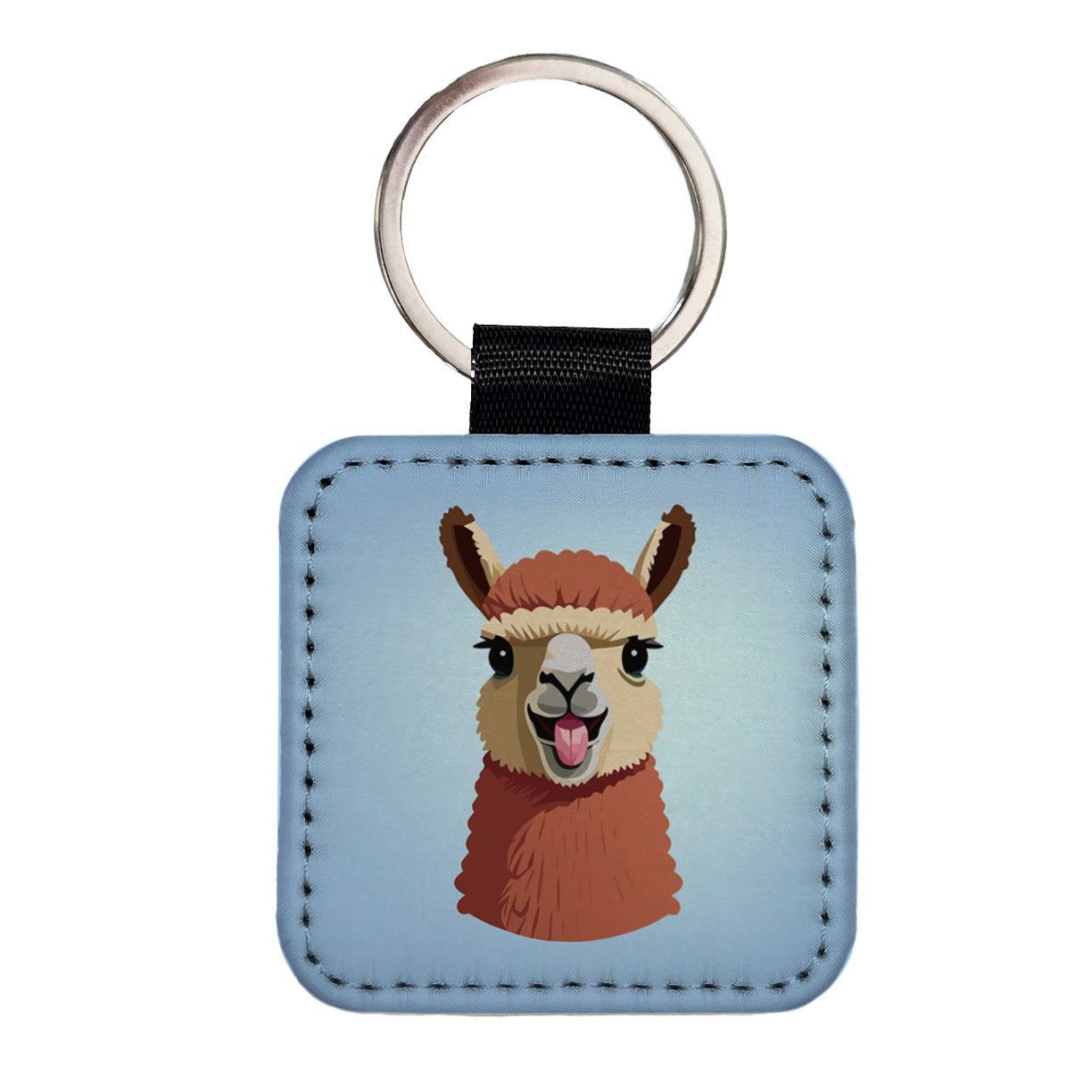 Llama Tongue Sticking Out Square Faux Leather Keychain