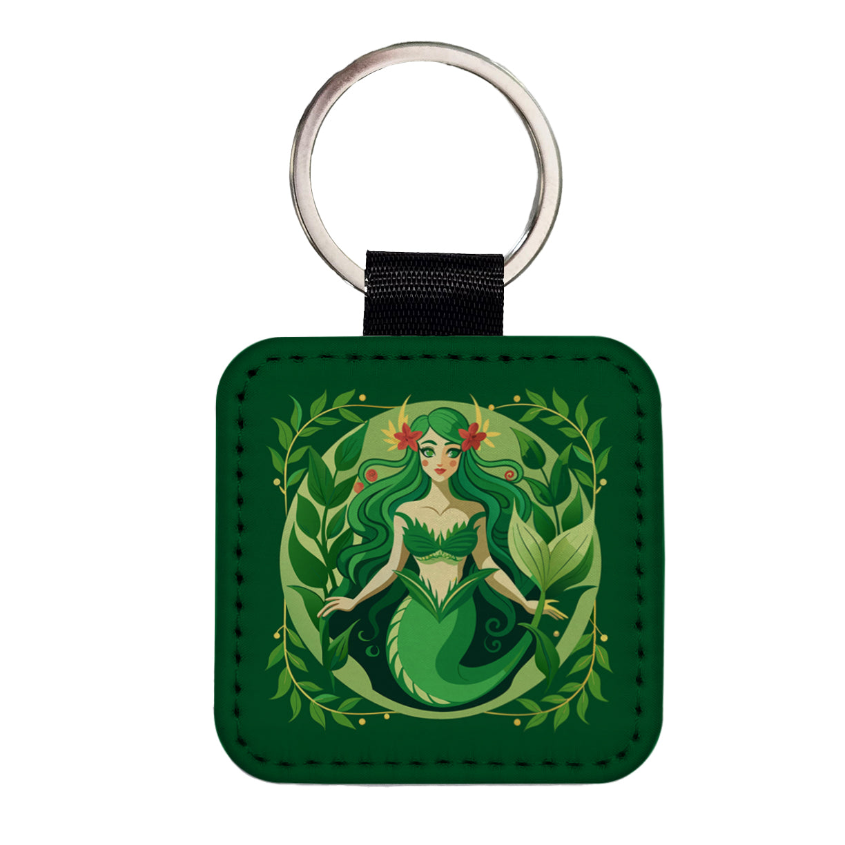 Mermaid Botanical Art Nouveau Square Faux Leather Keychain