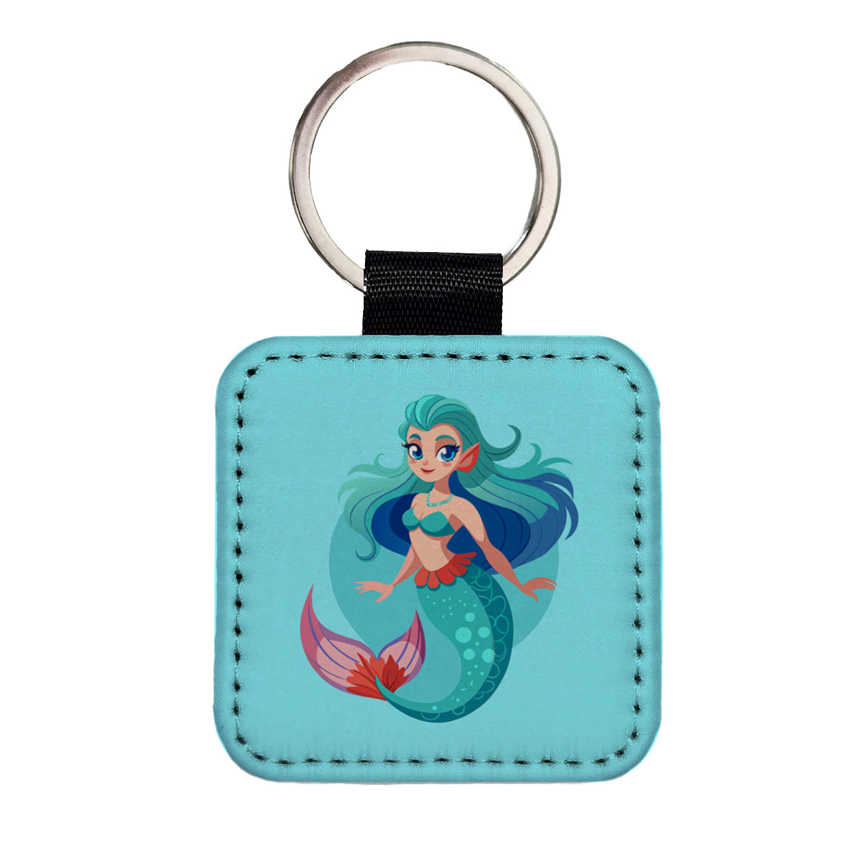 Mermaid with Blue Hair Square Faux Leather Keychain