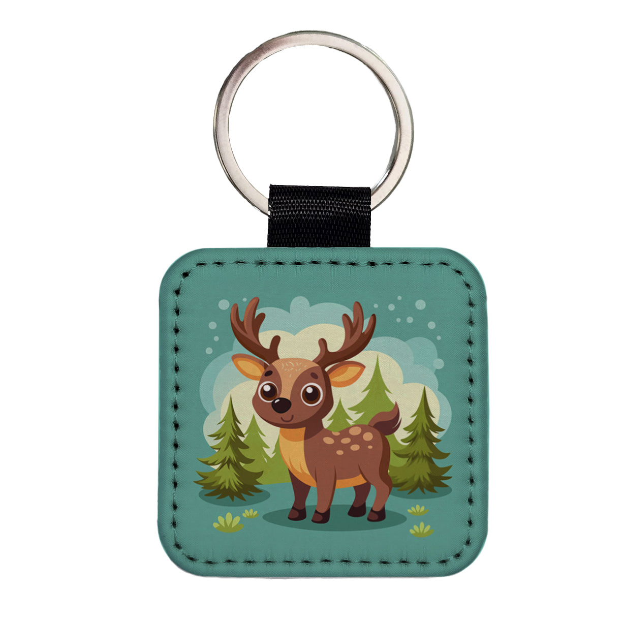 Moose Cute in Forest Square Faux Leather Keychain