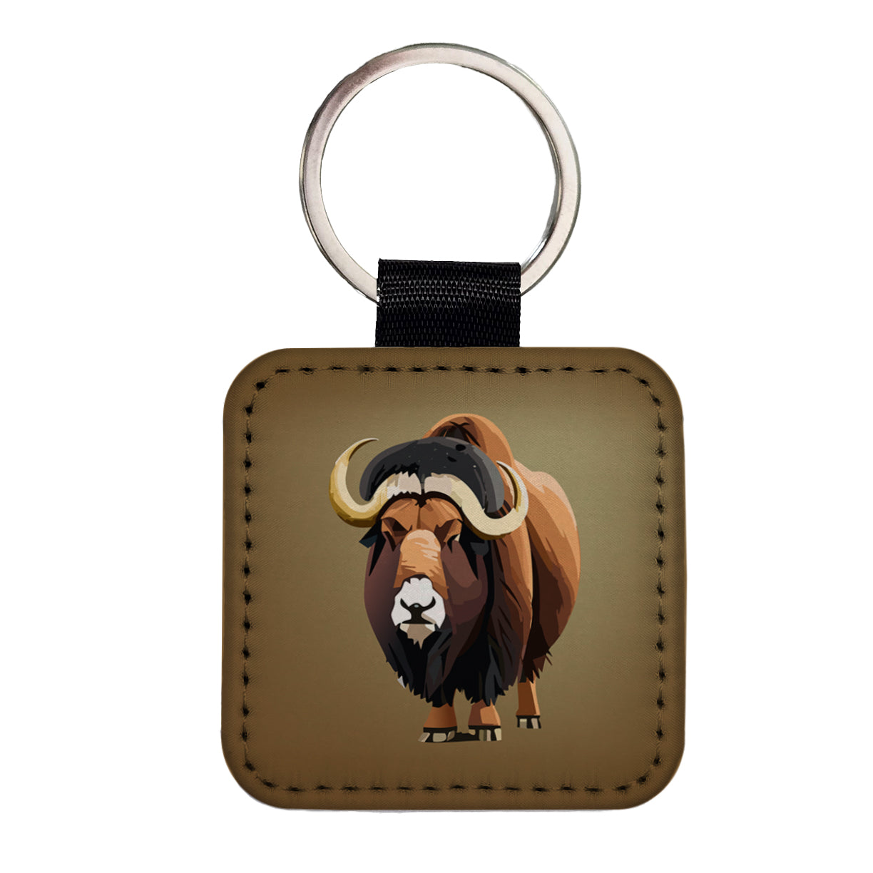 Muskox Musk Ox Shaggy Arctic Animal Square Faux Leather Keychain