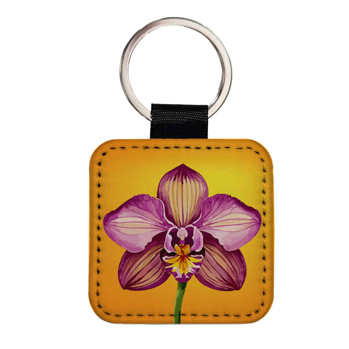 Orchid Flower Watercolor Square Faux Leather Keychain