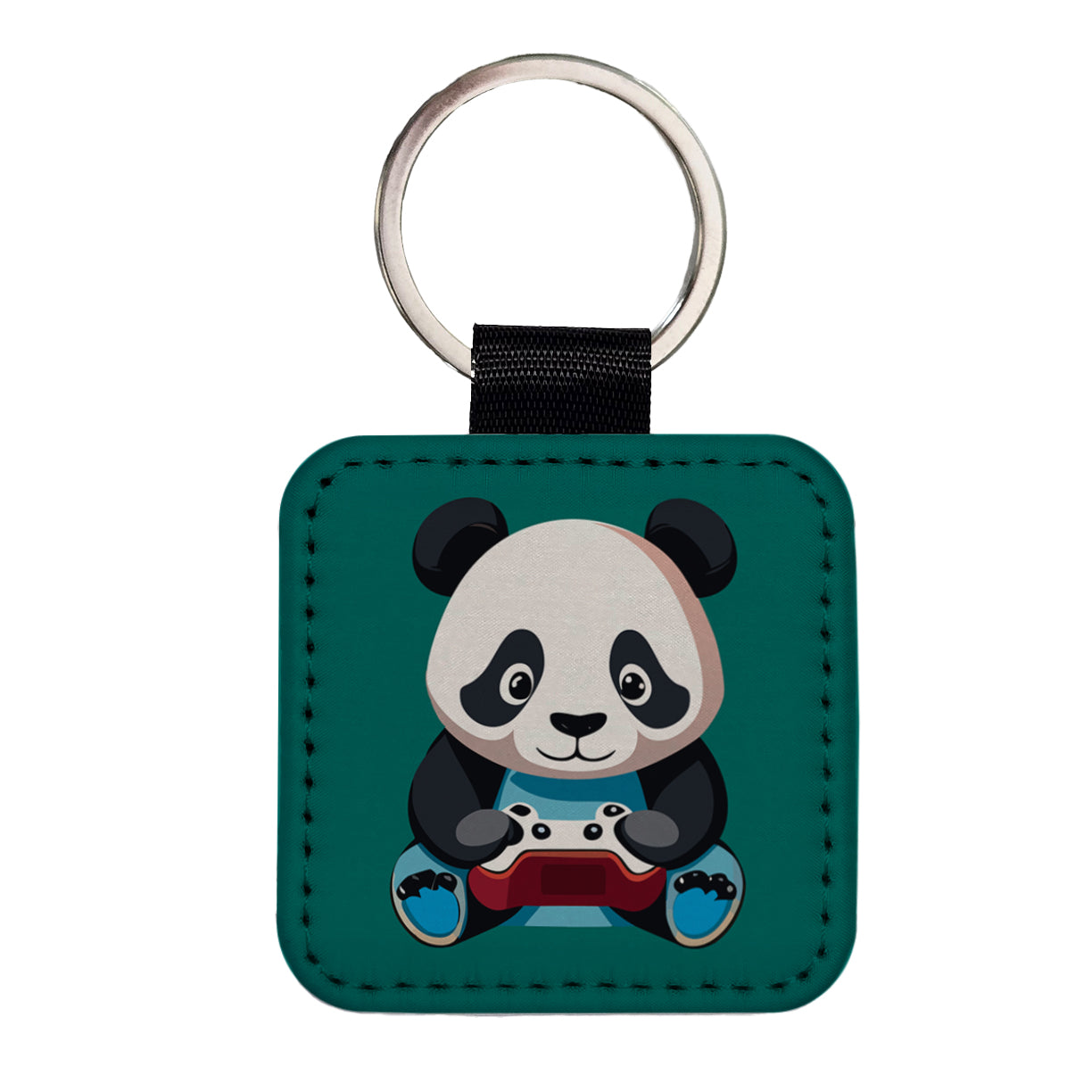 Panda Gaming Gamer Playing Video Game Square Faux Leather Keychain