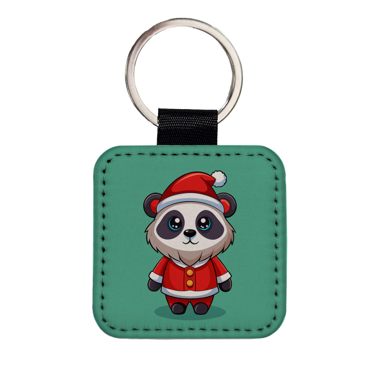 Panda Santa Christmas Square Faux Leather Keychain