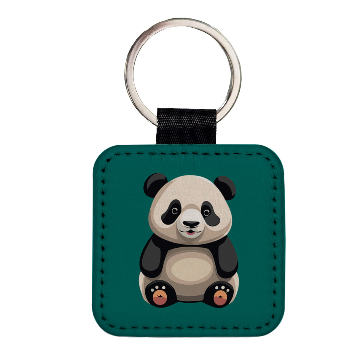 Panda Sitting Square Faux Leather Keychain