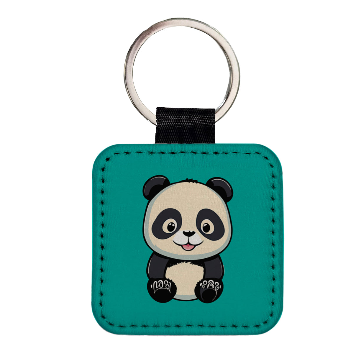 Panda Smiling Sitting Square Faux Leather Keychain