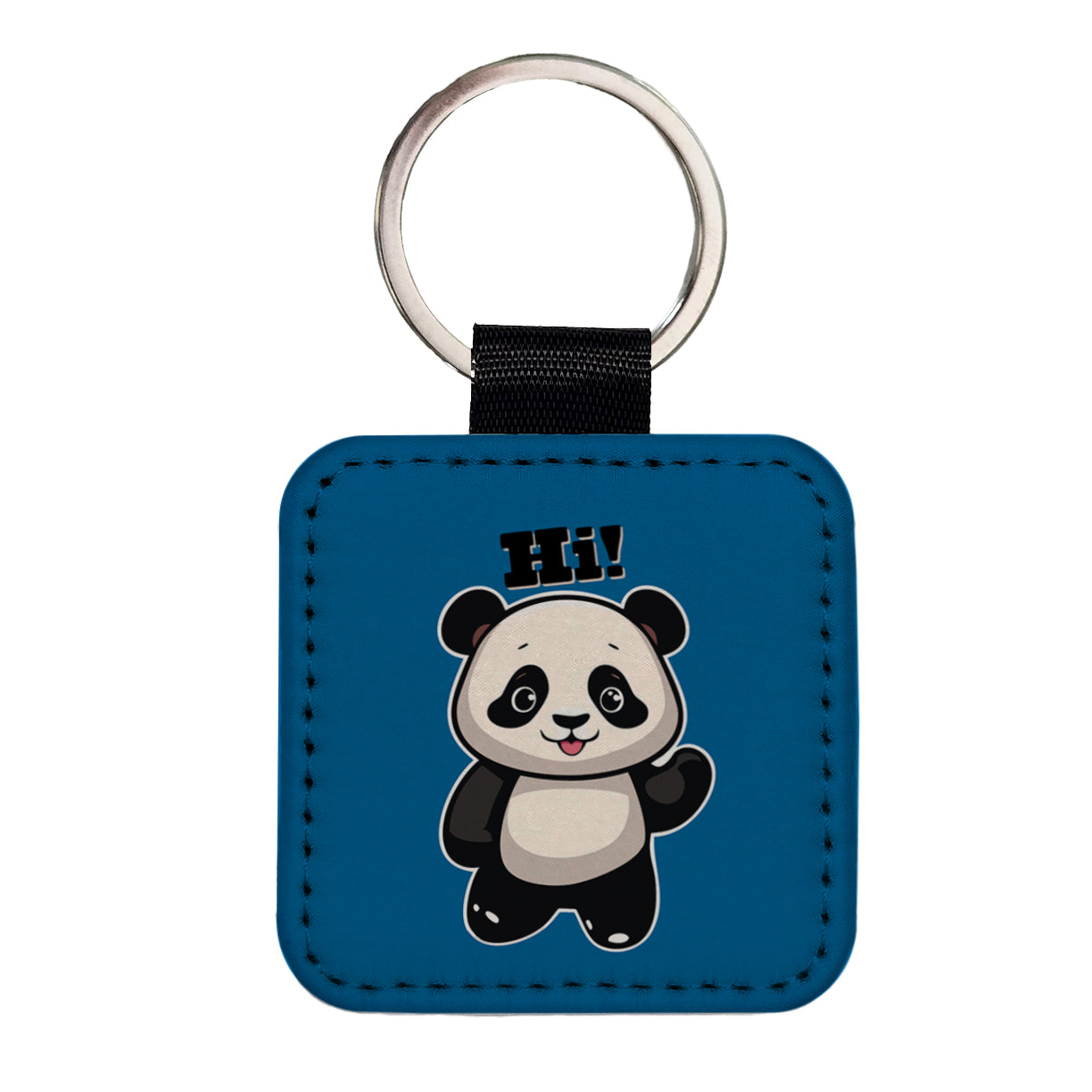 Panda Waving Hi Hello Greetings Friend Square Faux Leather Keychain