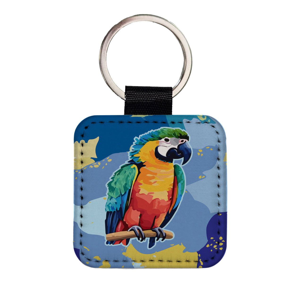 Parrot Bird Colorful Watercolor Square Faux Leather Keychain