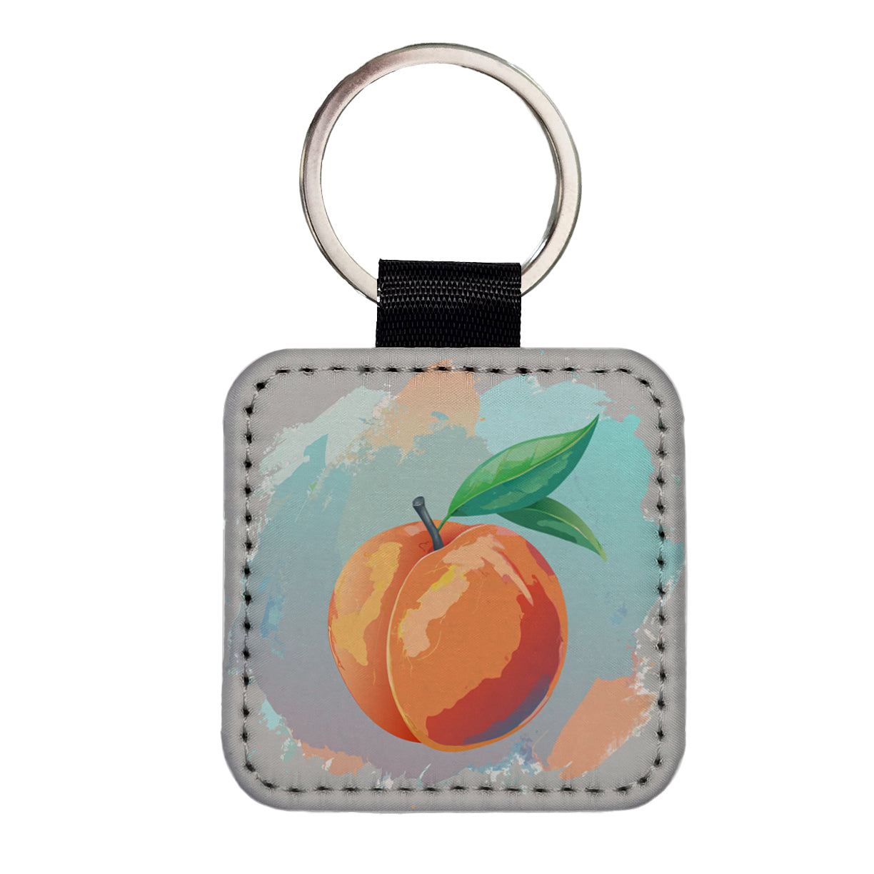 Peach Fruit Watercolor Square Faux Leather Keychain