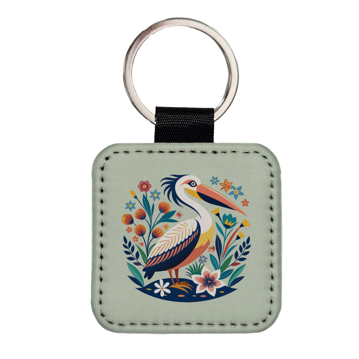Pelican Bird Floral Flowers Square Faux Leather Keychain