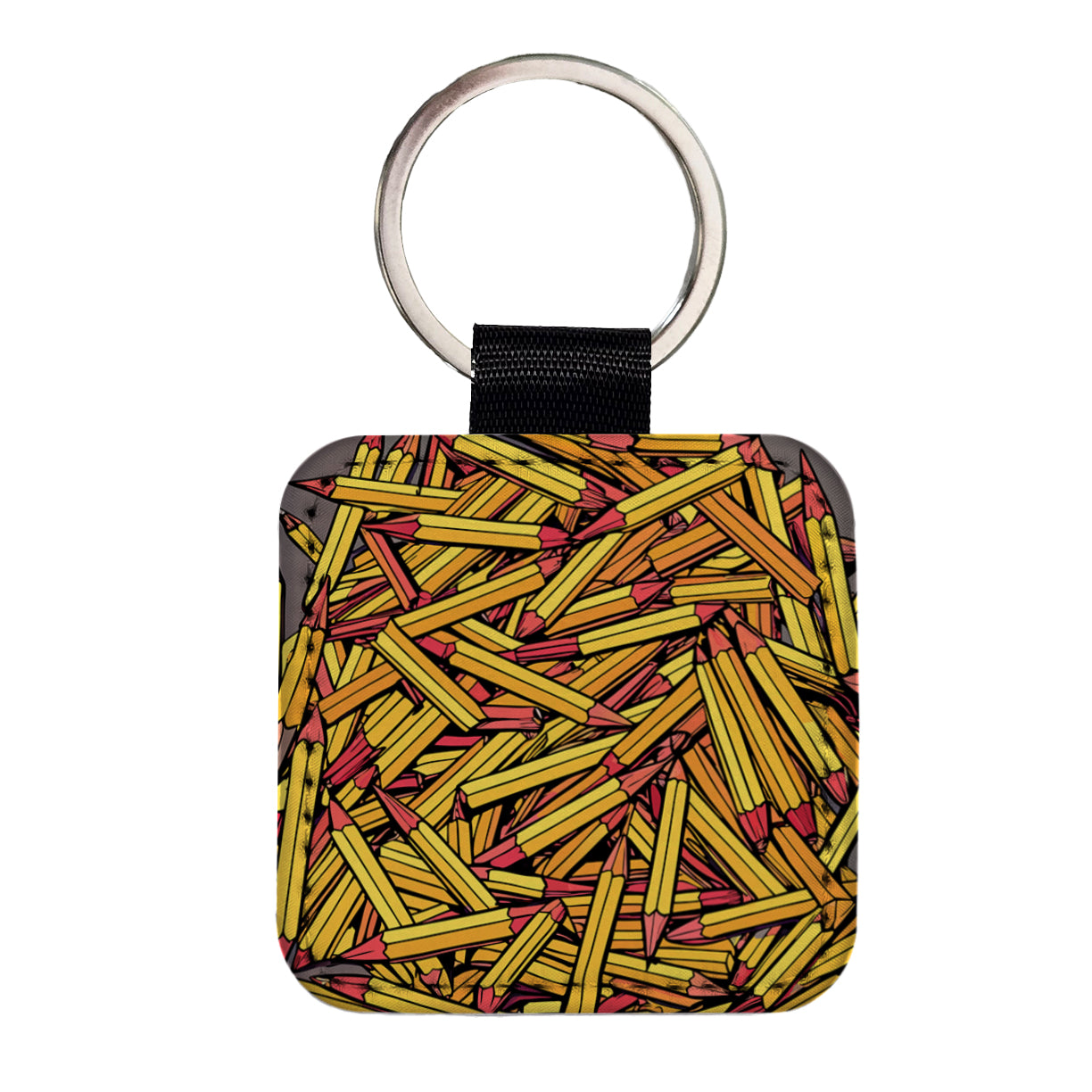 Pencils Piles School Teacher Pattern Square Faux Leather Keychain