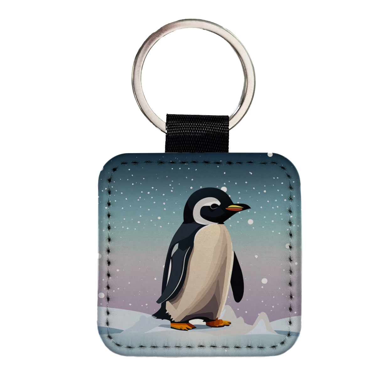 Penguin Cute Snow Square Faux Leather Keychain