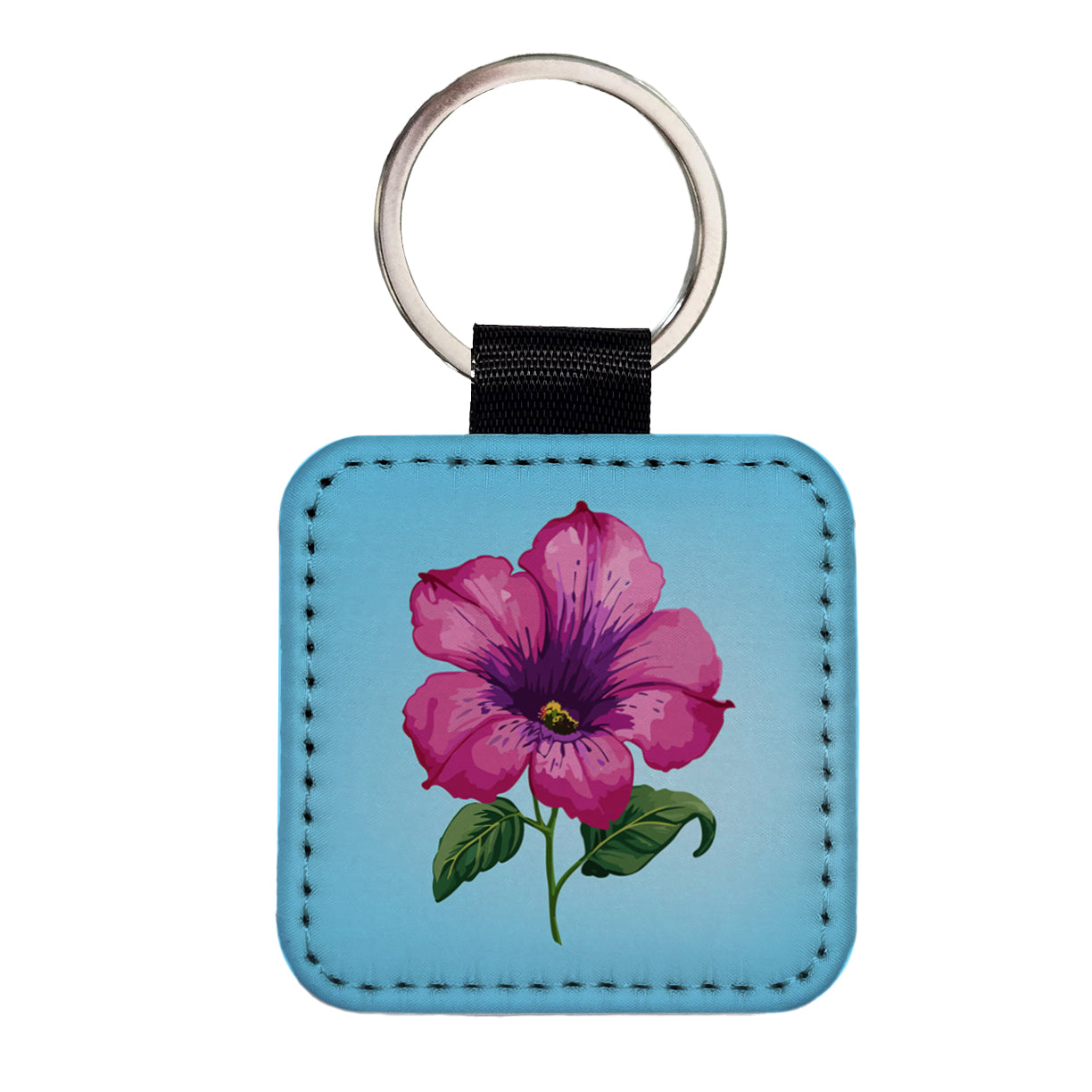 Petunia Flower Watercolor Pink Square Faux Leather Keychain