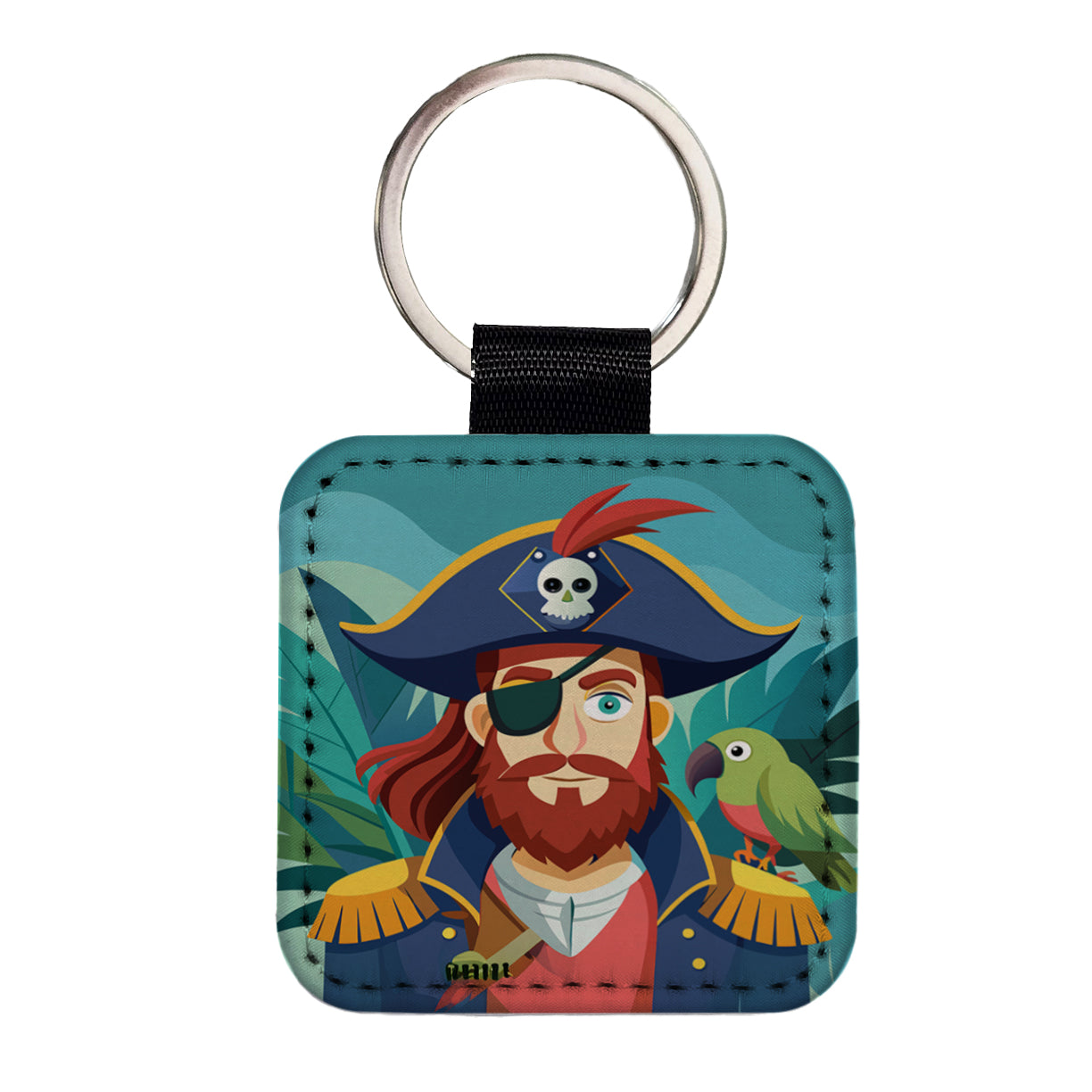 Pirate with Eye Patch and Parrot Square Faux Leather Keychain