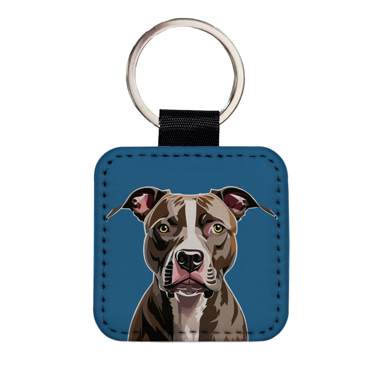 Pit Bull Dog Face Staring Square Faux Leather Keychain