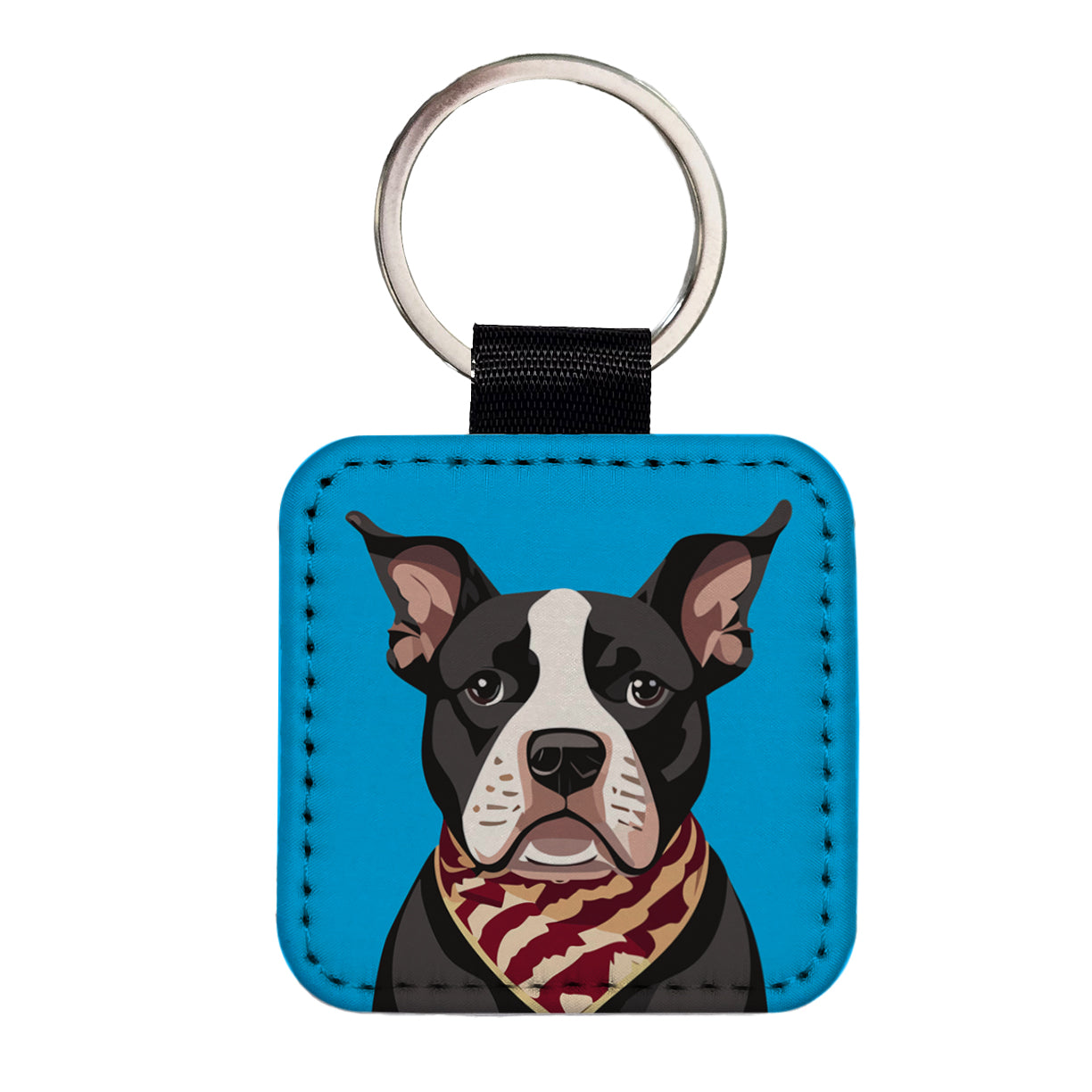 Pit Bull Dog Wearing Bandana Square Faux Leather Keychain