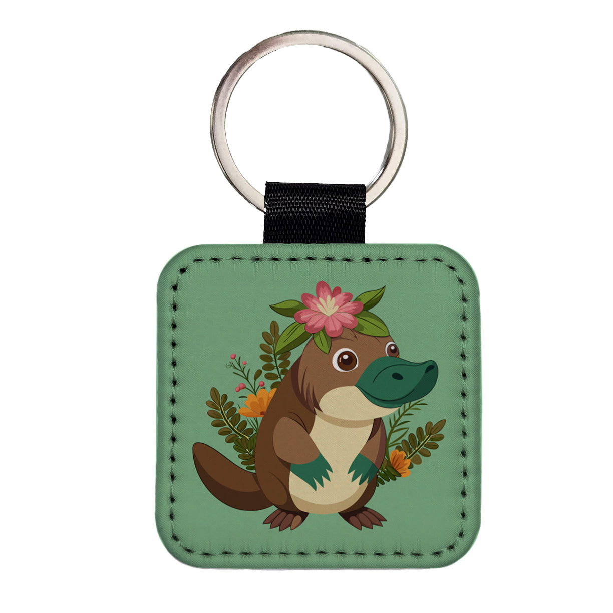 Platypus Floral Flowers Square Faux Leather Keychain