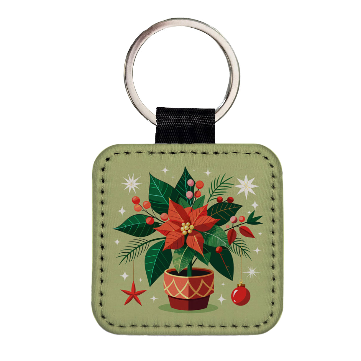 Poinsettia Plant Christmas Beautiful Square Faux Leather Keychain