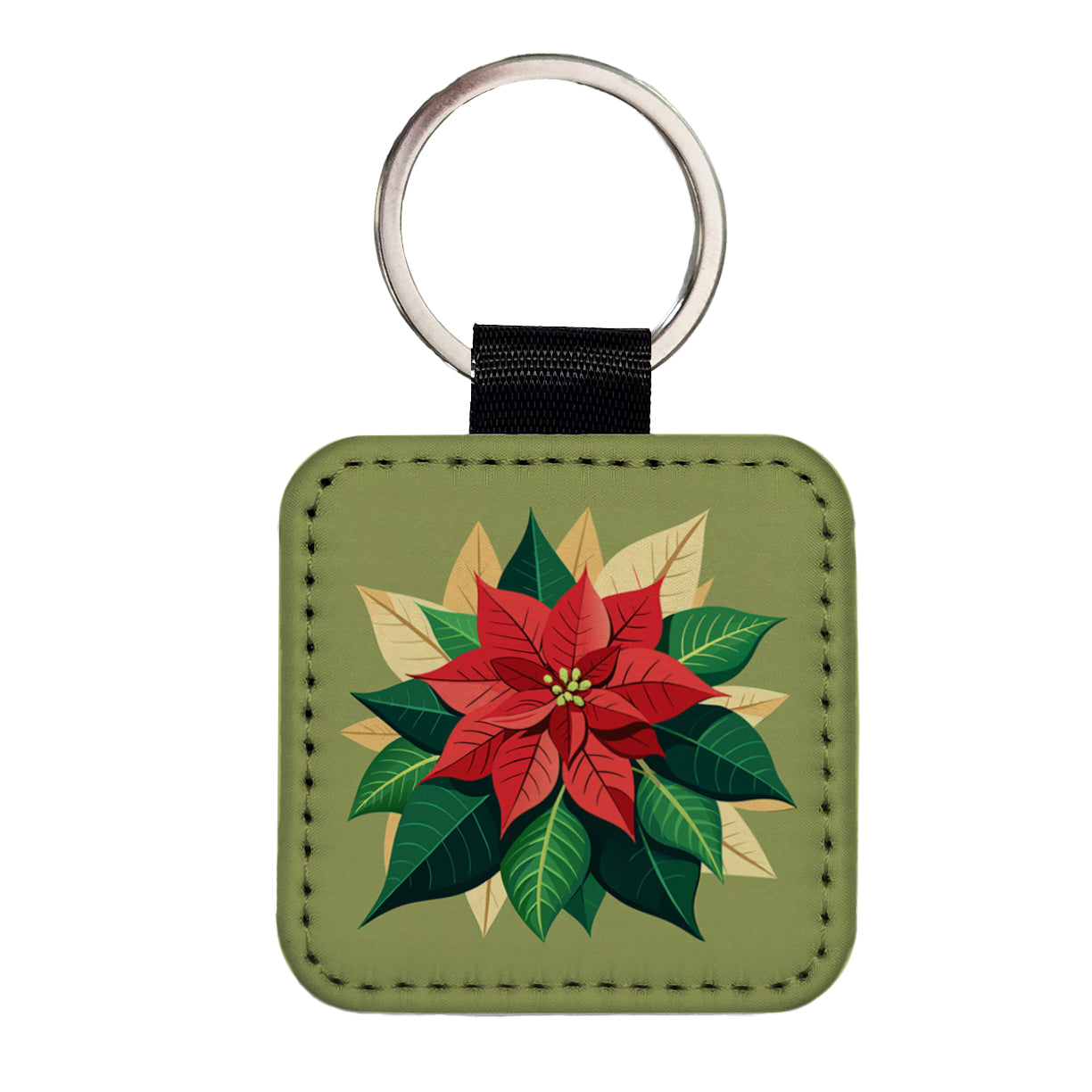 Poinsettia Plant Christmas Decoration Square Faux Leather Keychain