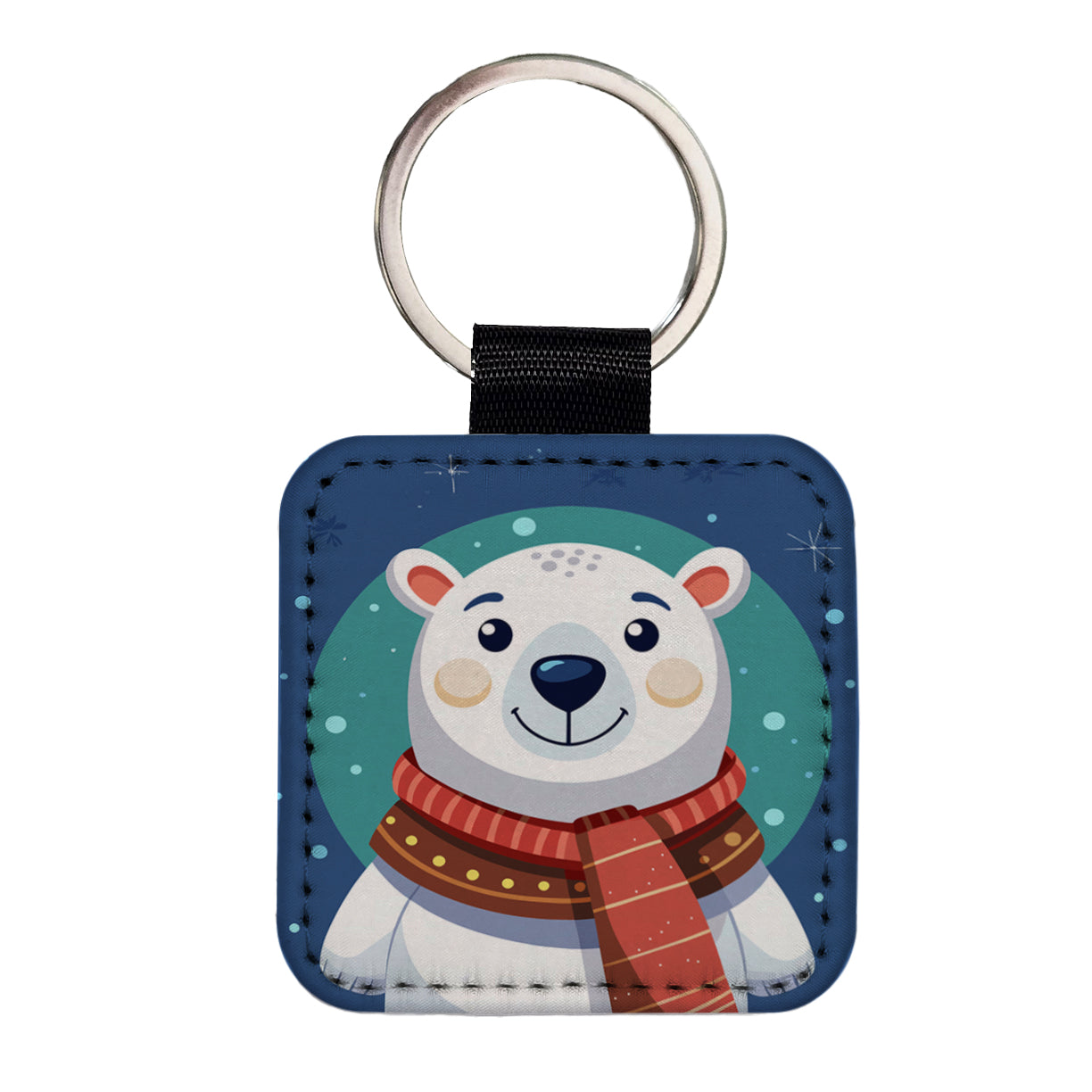 Polar Bear Wearing Winter Scarf Square Faux Leather Keychain