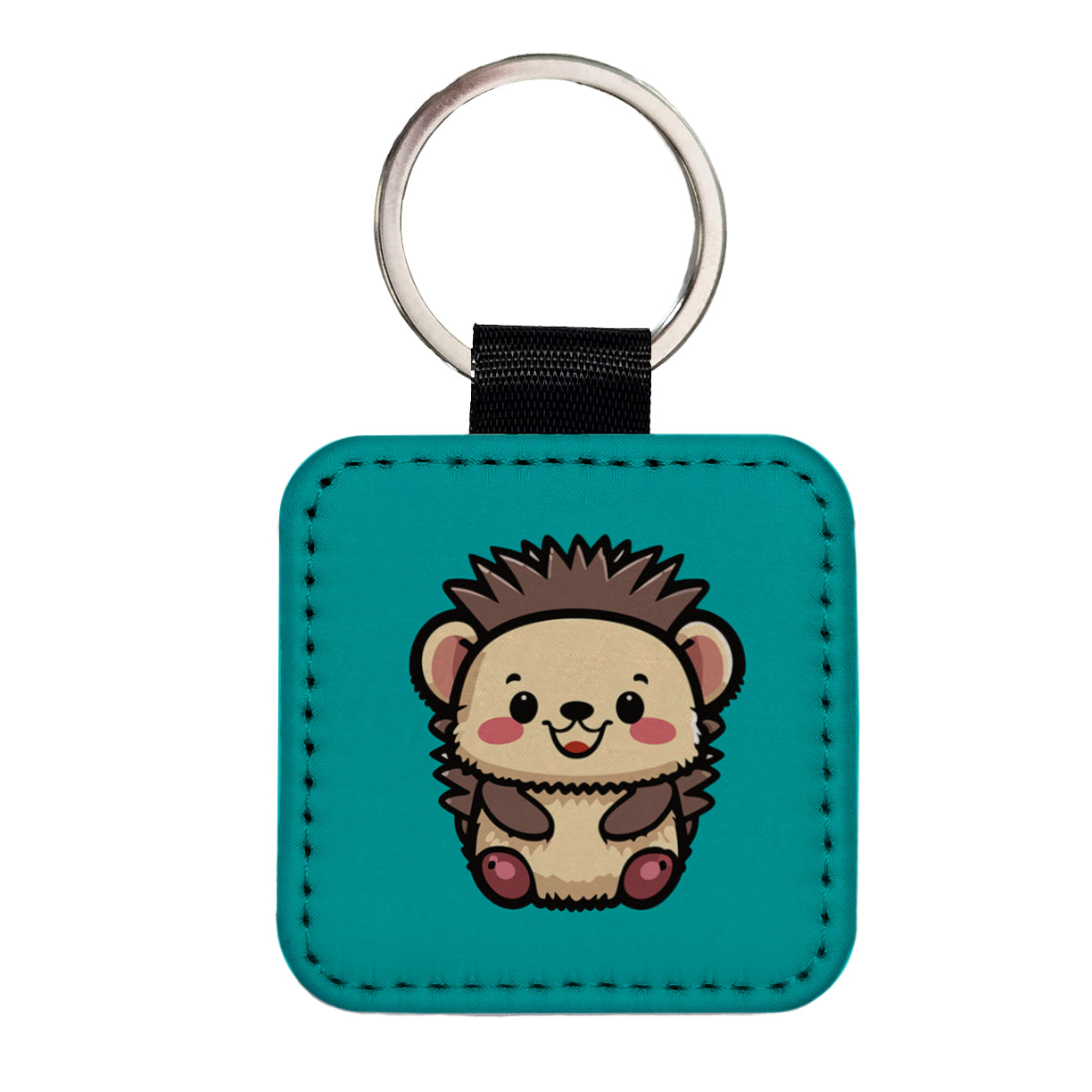 Porcupine Smiling Baby Square Faux Leather Keychain