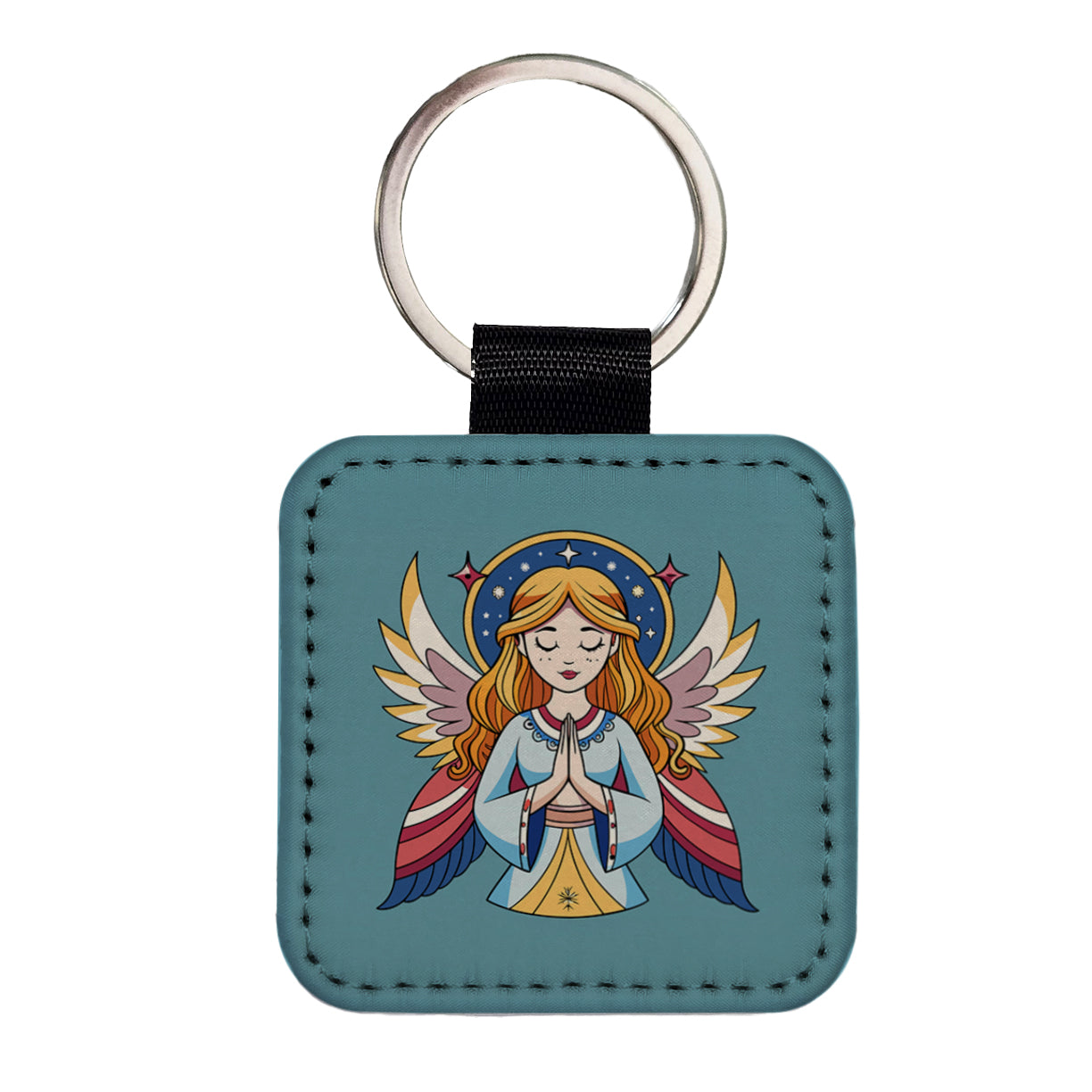 Praying Angel Christian Inspirational Prayer Square Faux Leather Keychain