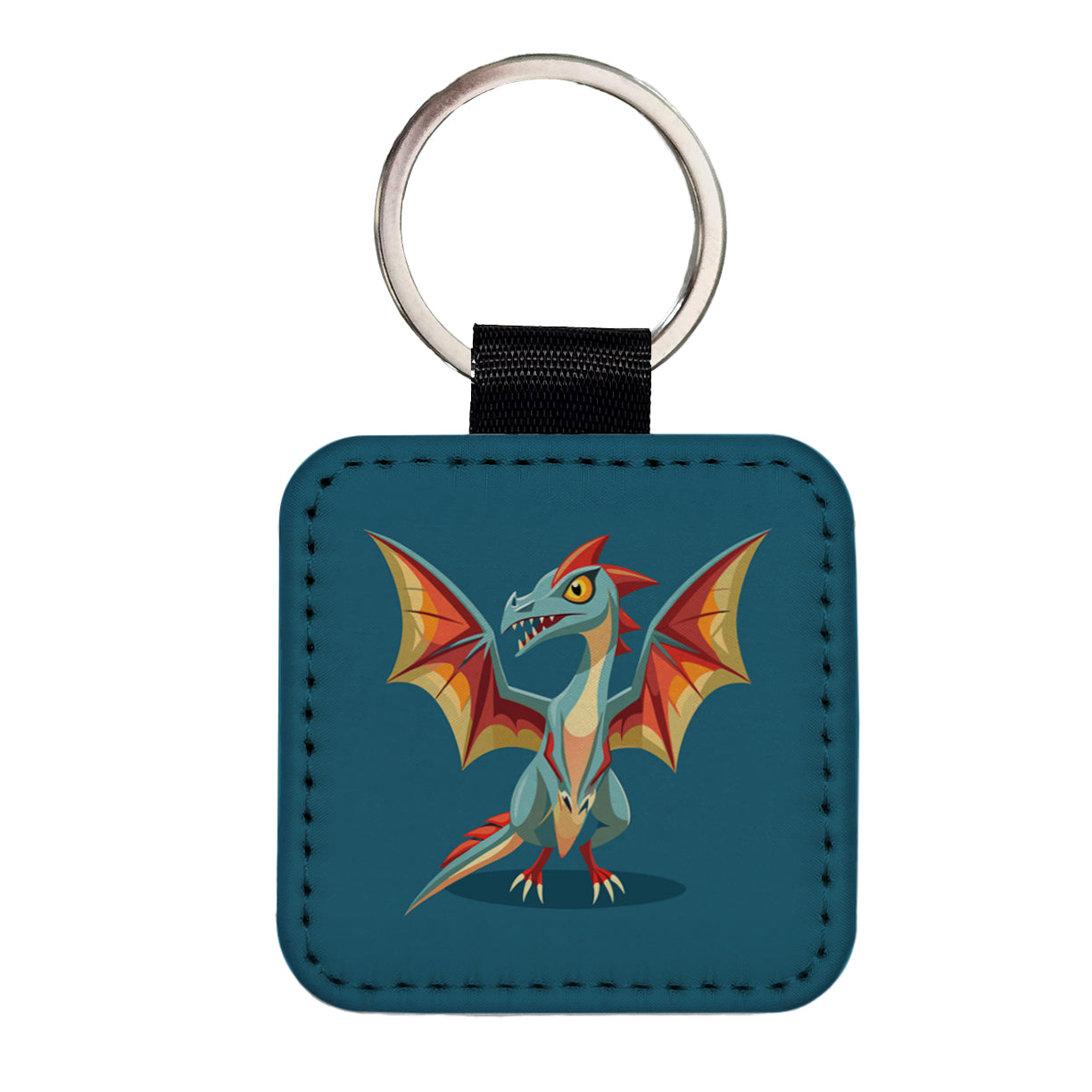 Pterodactyl Dinosaur Square Faux Leather Keychain