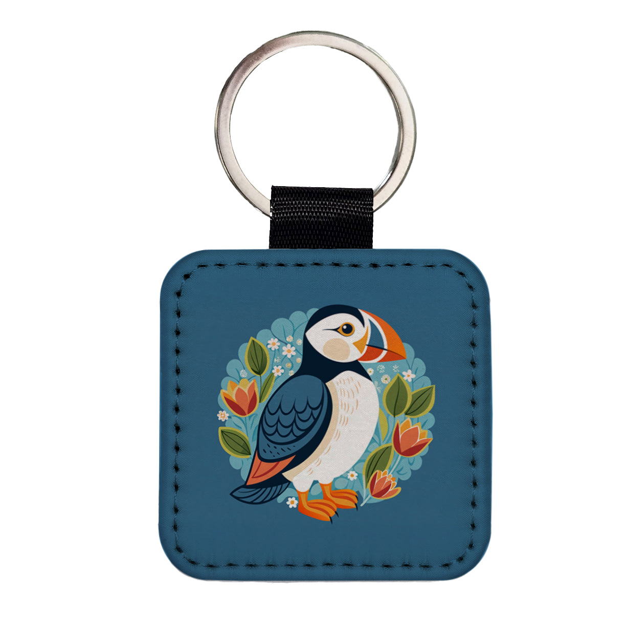 Puffin Bird Floral Flowers Square Faux Leather Keychain