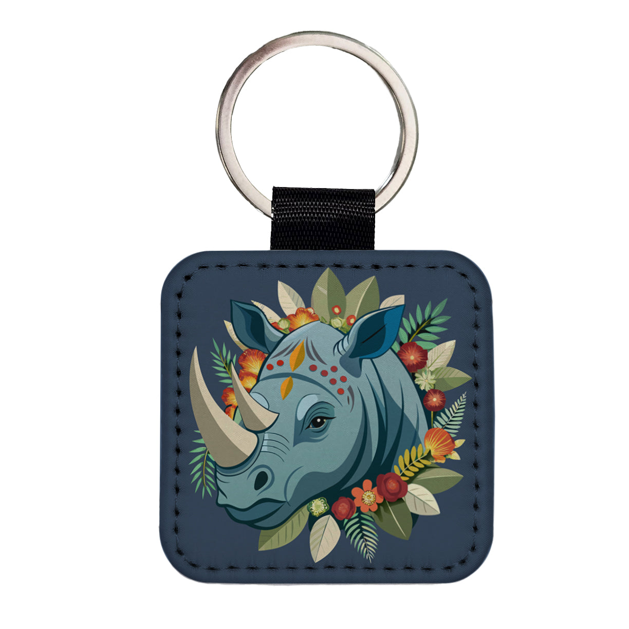 Rhinoceros Head Floral Flowers Square Faux Leather Keychain