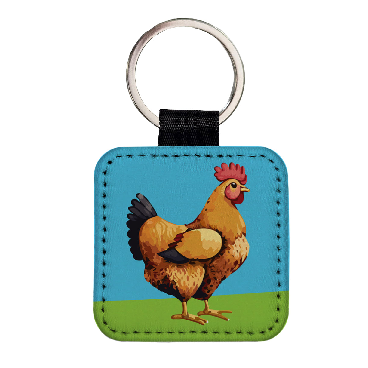 Rooster Chicken Profile Square Faux Leather Keychain