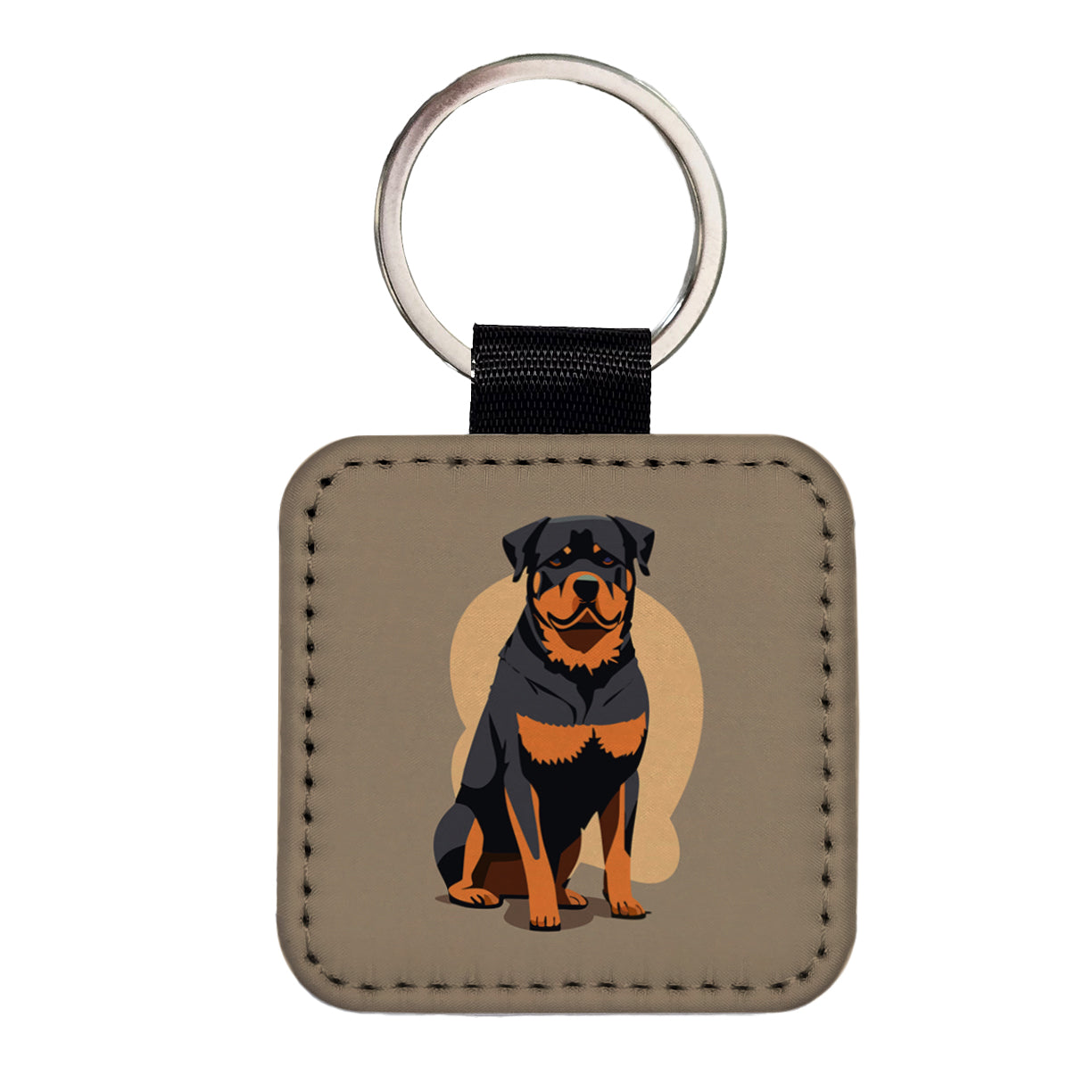 Rottweiler Dog Sitting Square Faux Leather Keychain