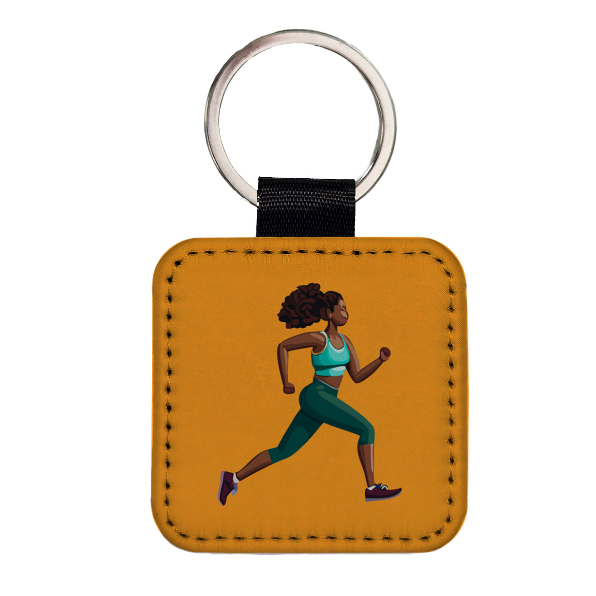 Running Jogging Woman Exercise Square Faux Leather Keychain