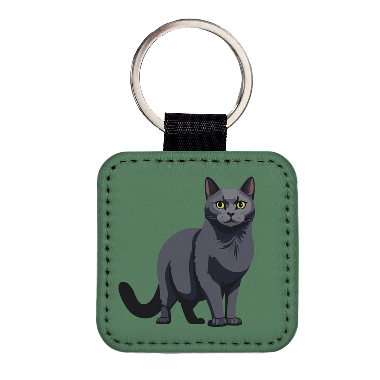 Russian Blue Cat Standing Square Faux Leather Keychain