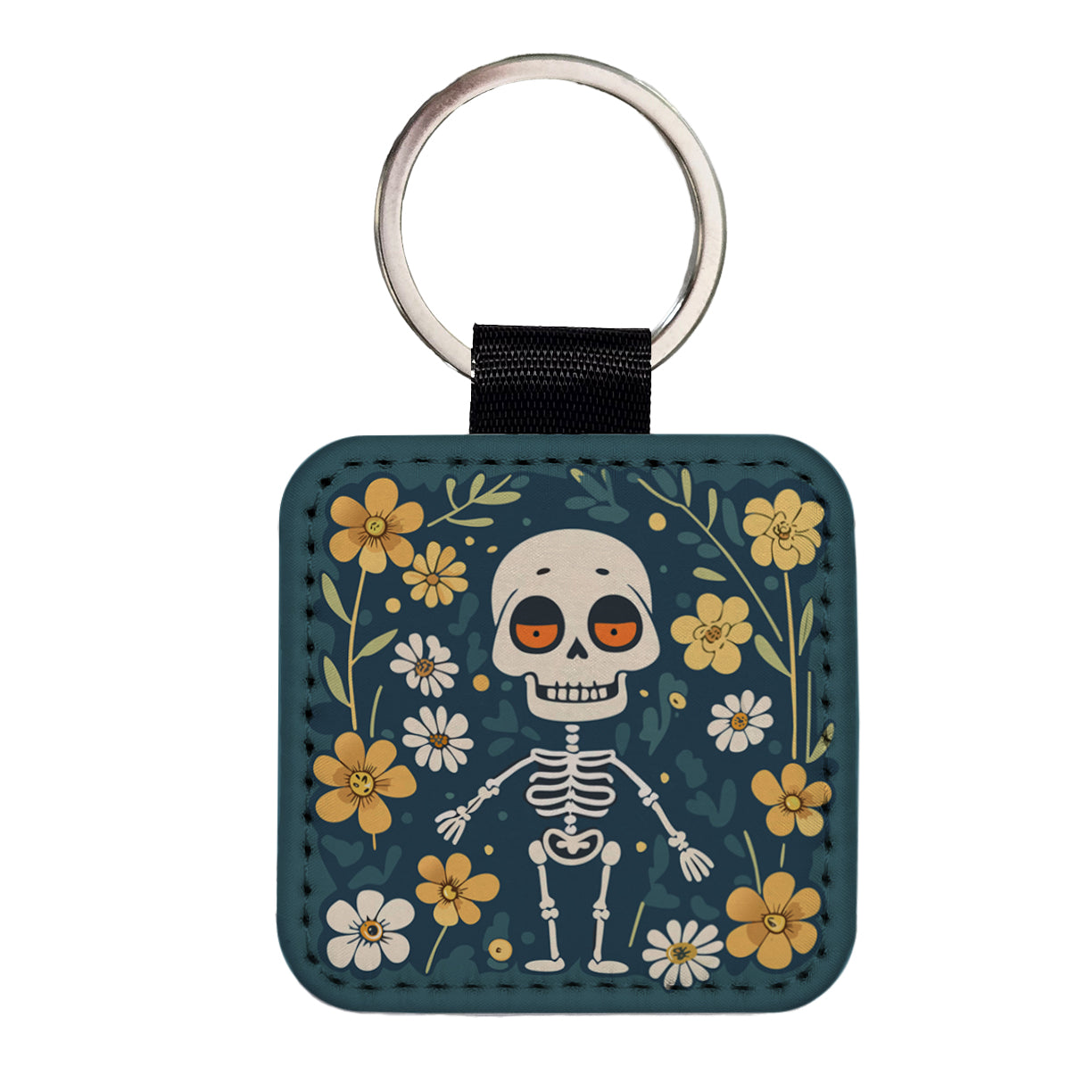 Skeleton and Flowers Funny Halloween Square Faux Leather Keychain
