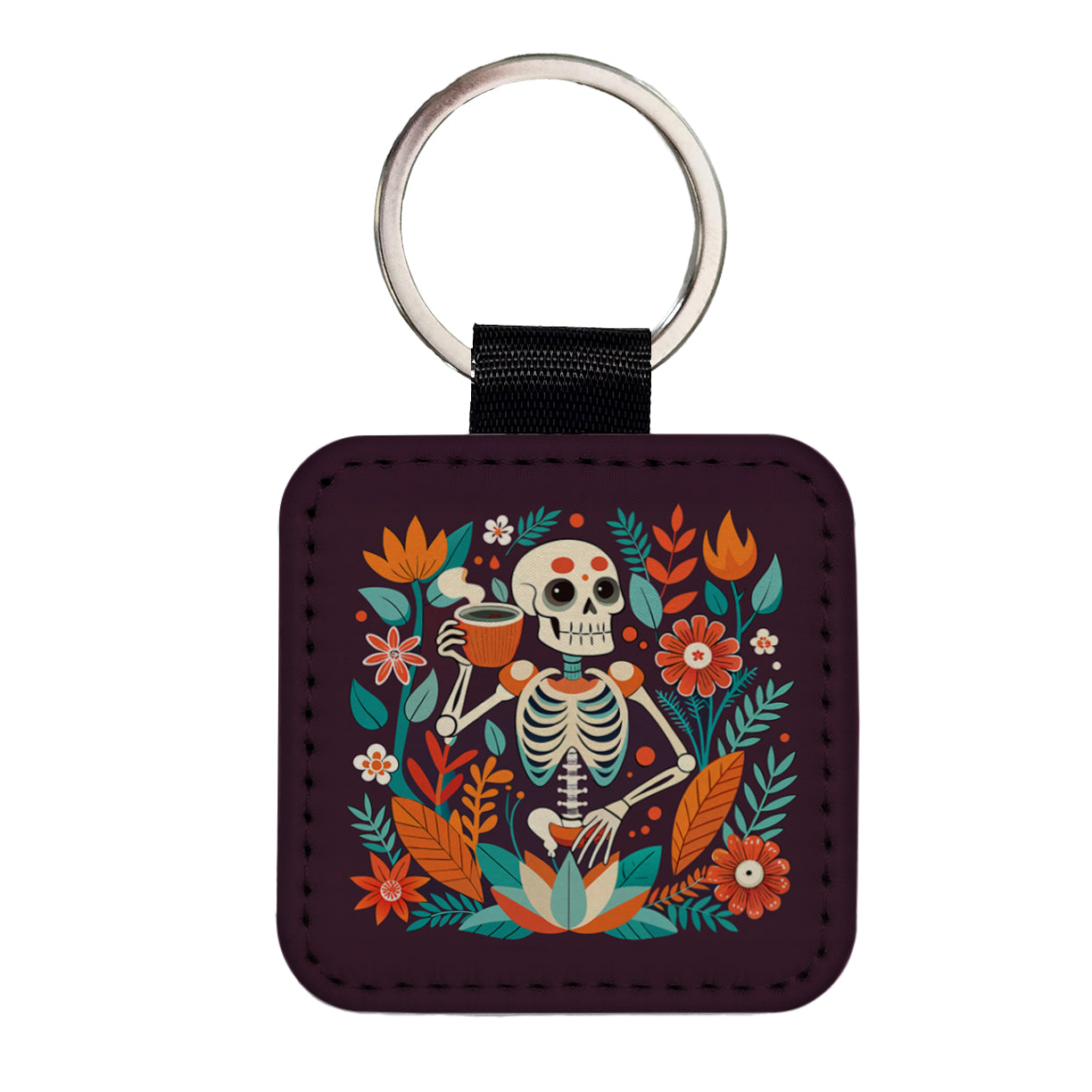 Skeleton Drinking Tea Funny Floral Flowers Square Faux Leather Keychain