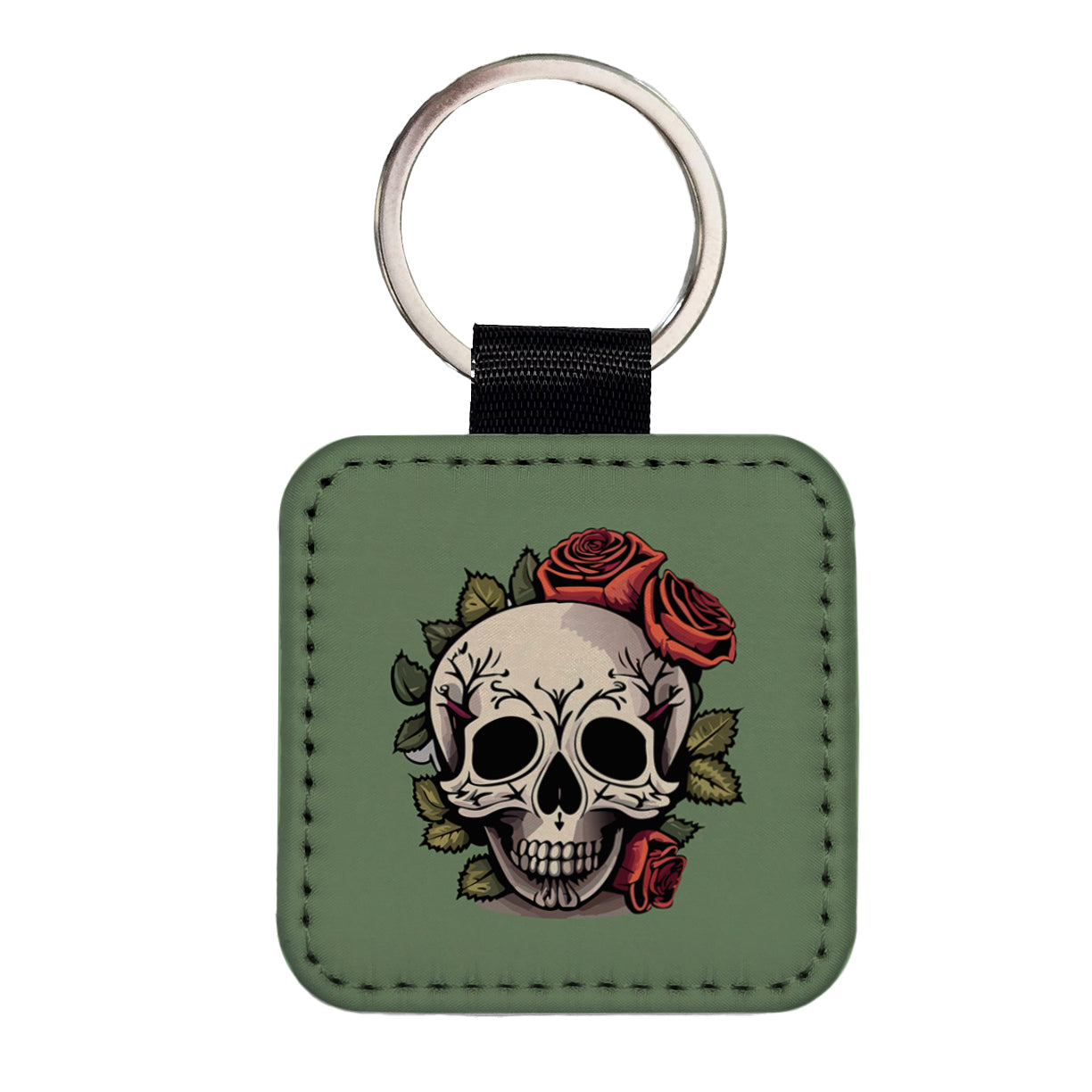 Skull and Roses Square Faux Leather Keychain