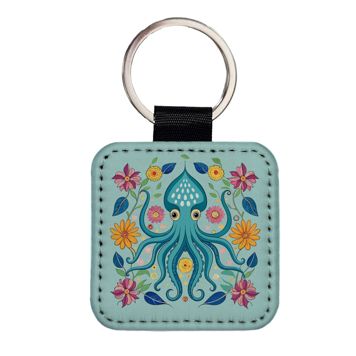Squid Floral Flowers Square Faux Leather Keychain